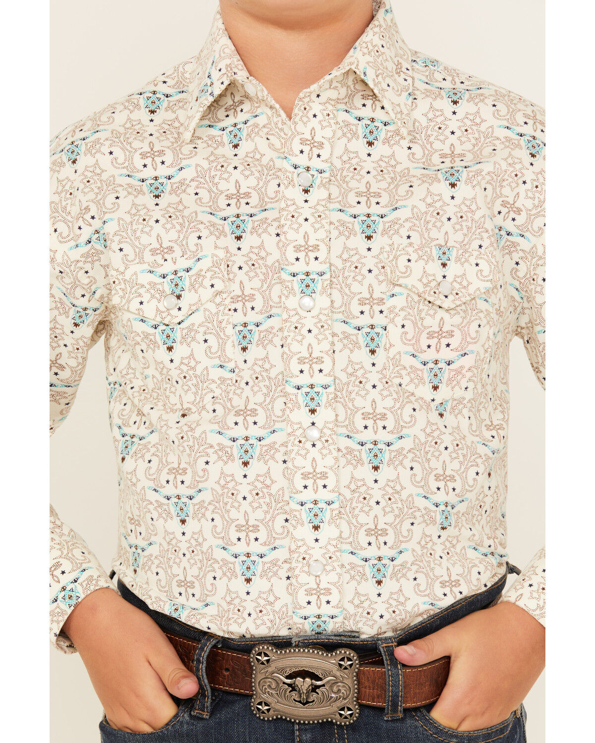 Rough Stock by Panhandle Boys' Steer Head Printed Long Sleeve Pearl Snap Western Shirt