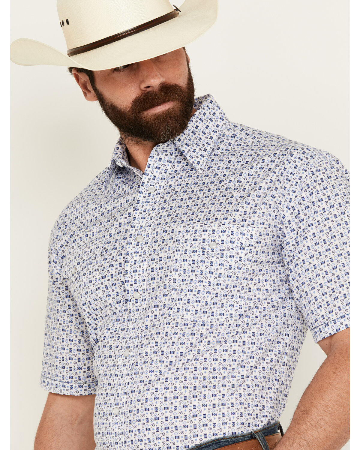 Panhandle Men's Southwestern Print Short Sleeve Pearl Snap Stretch Western Shirt