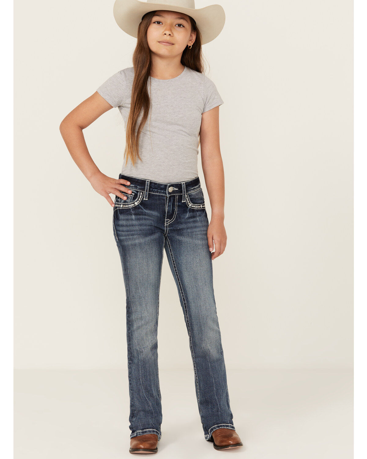 Grace in LA Girls' Medium Wash Horseshoe Pocket Bootcut Stretch Denim Jeans