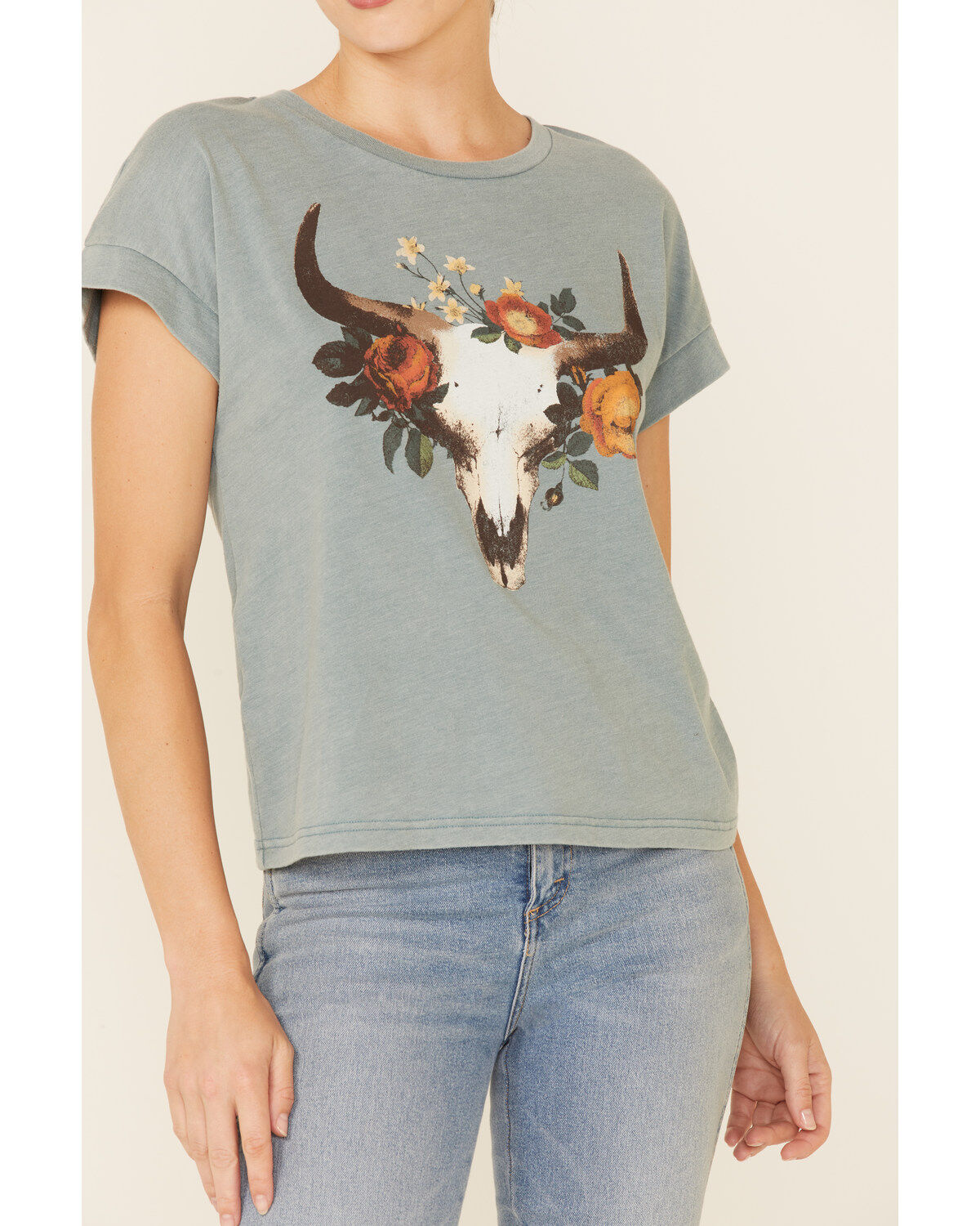 White Crow Women's Teal Floral Longhorn Skull Graphic Short Sleeve Tee