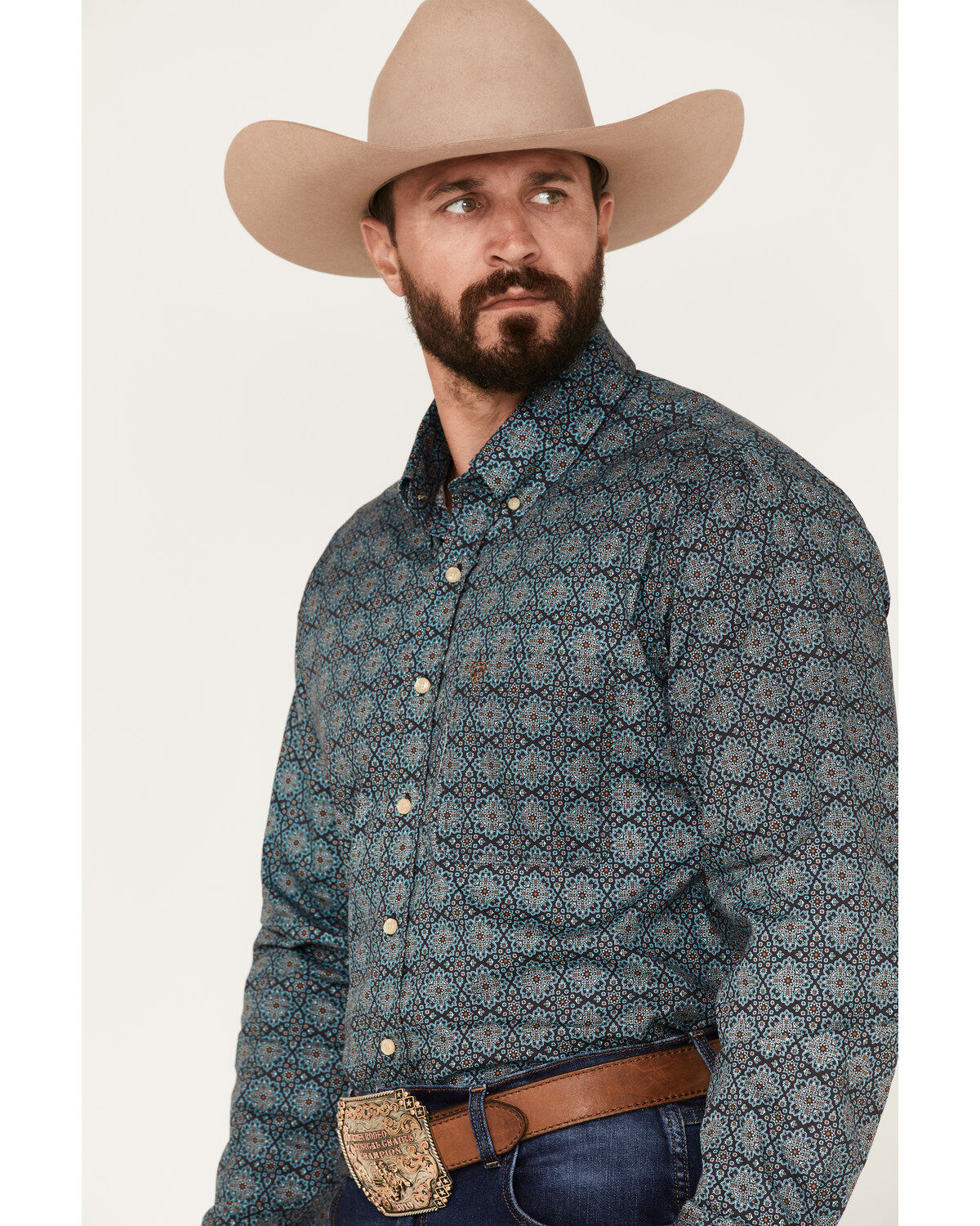Rock & Roll Denim Men's Medallion Print Stretch Long Sleeve Button-Down Shirt
