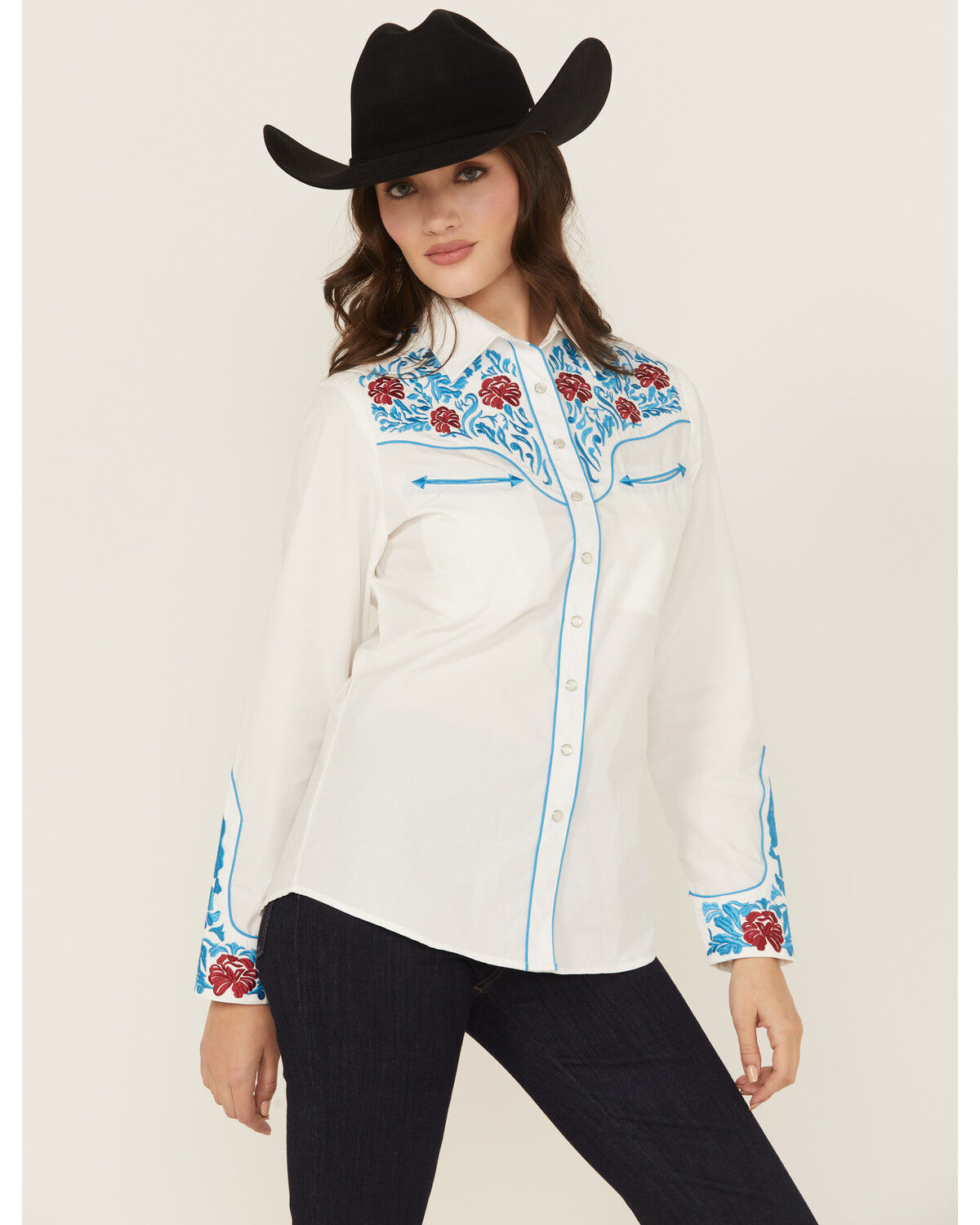 Rodeo Clothing Women's Floral Embroidered Long Sleeve Snap Stretch Western Shirt
