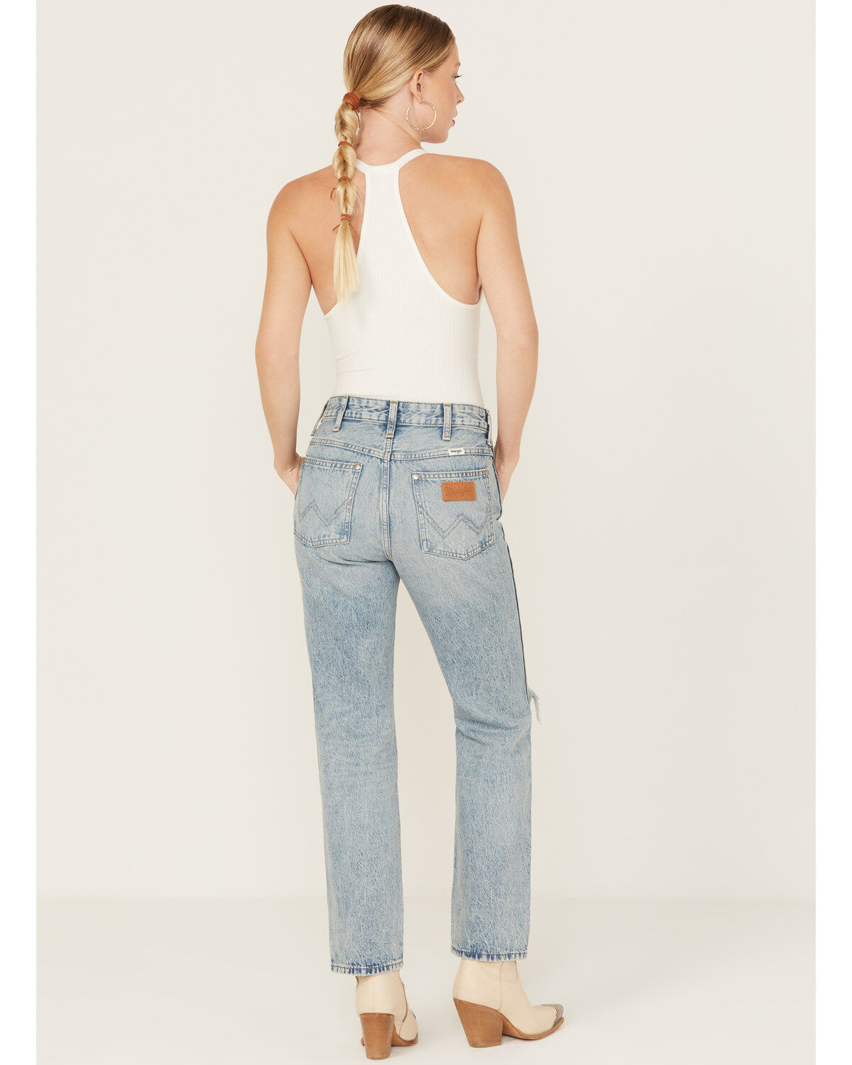 Wrangler Women's Wild West Destructed Light Wash High Rise Straight Jeans