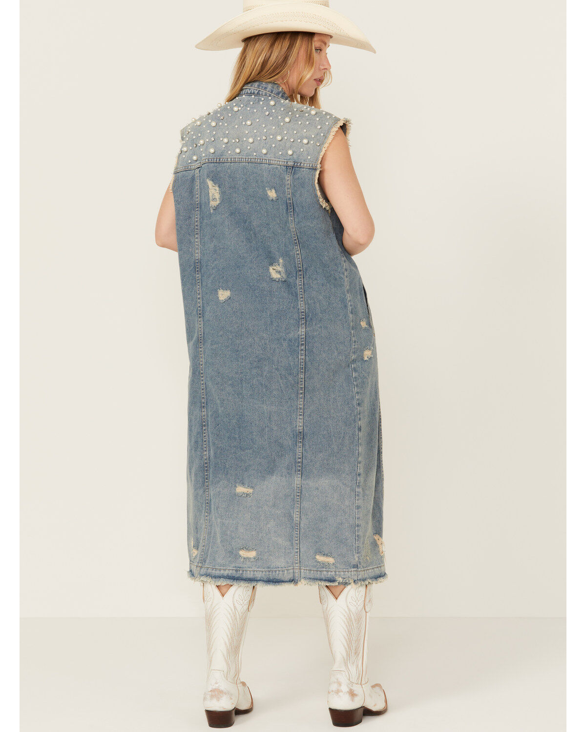 Veveret Women's Pearl Long Denim Vest