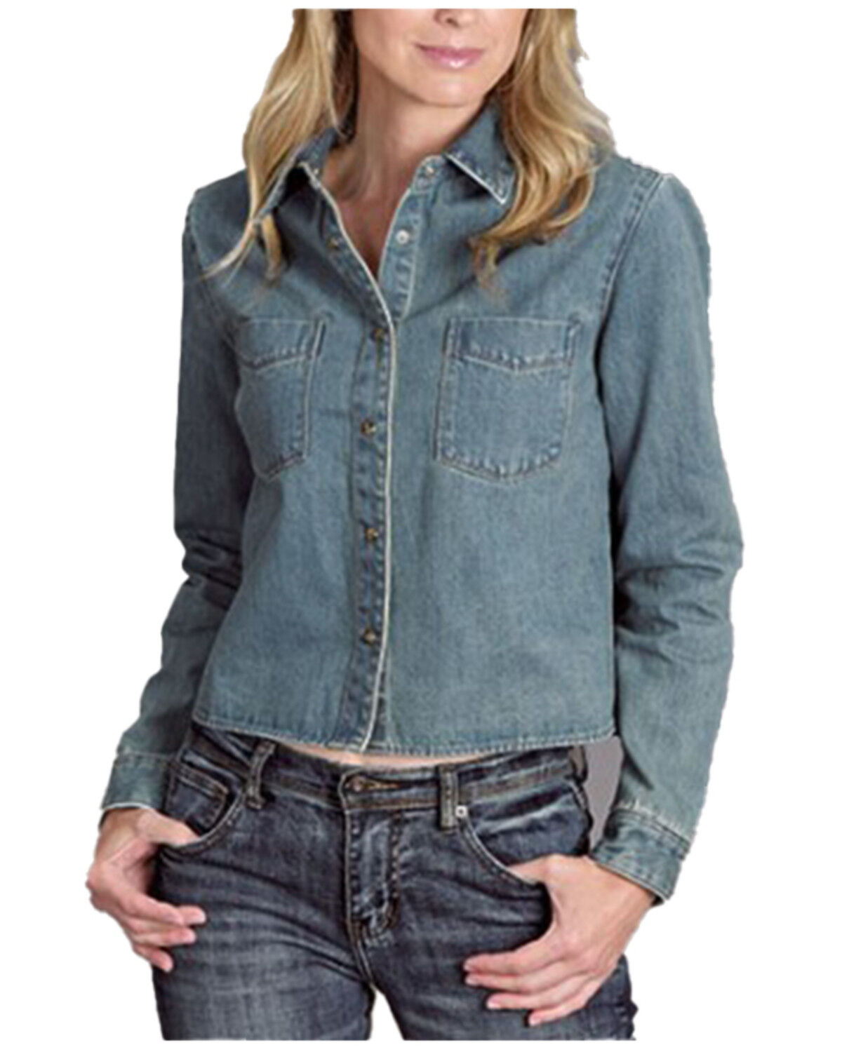 Stetson Women's Light Wash Sprint II Embroidered Long Sleeve Snap Cropped Denim Shirt