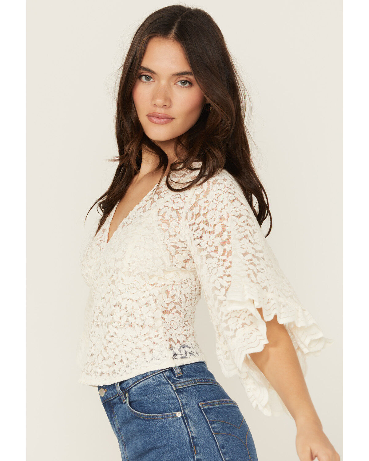 Shyanne Women's Wrap Front Long Sleeve Lace Top