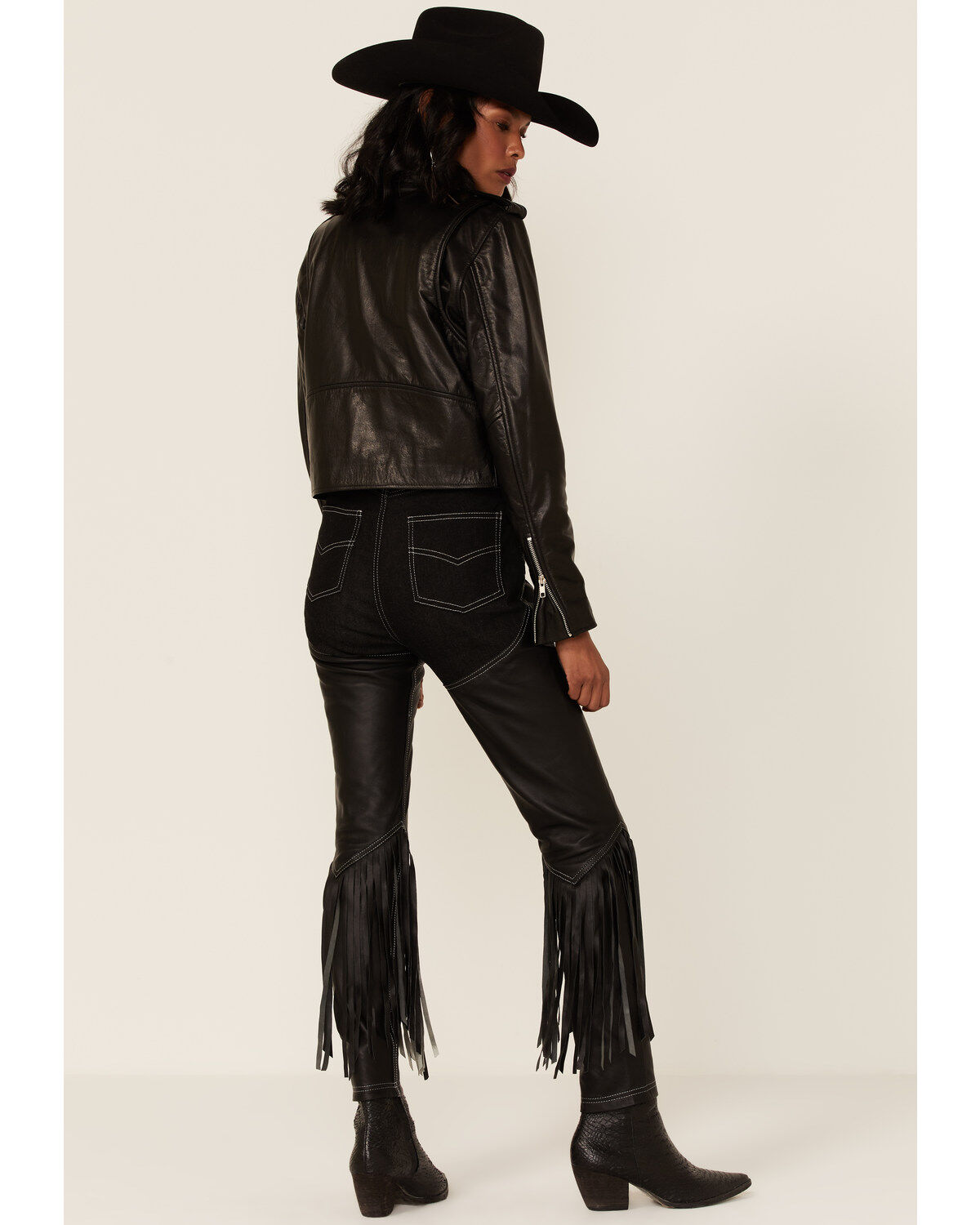 Understated Leather Women's Cowboy Denim & Leather Fringe Chap Jeans