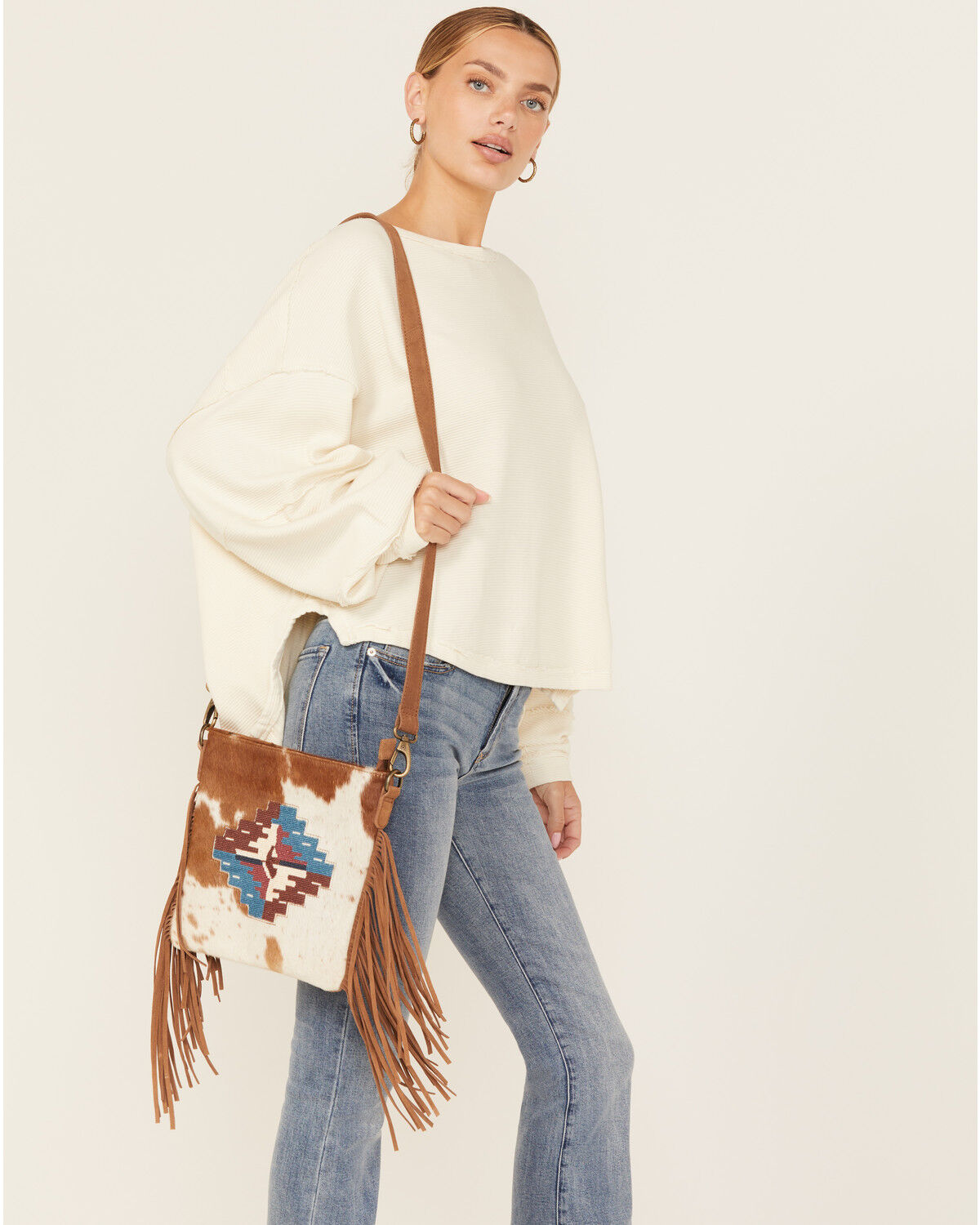Shyanne Women's Summer Moon Hairon Southwestern Seed Bead Crossbody Bag