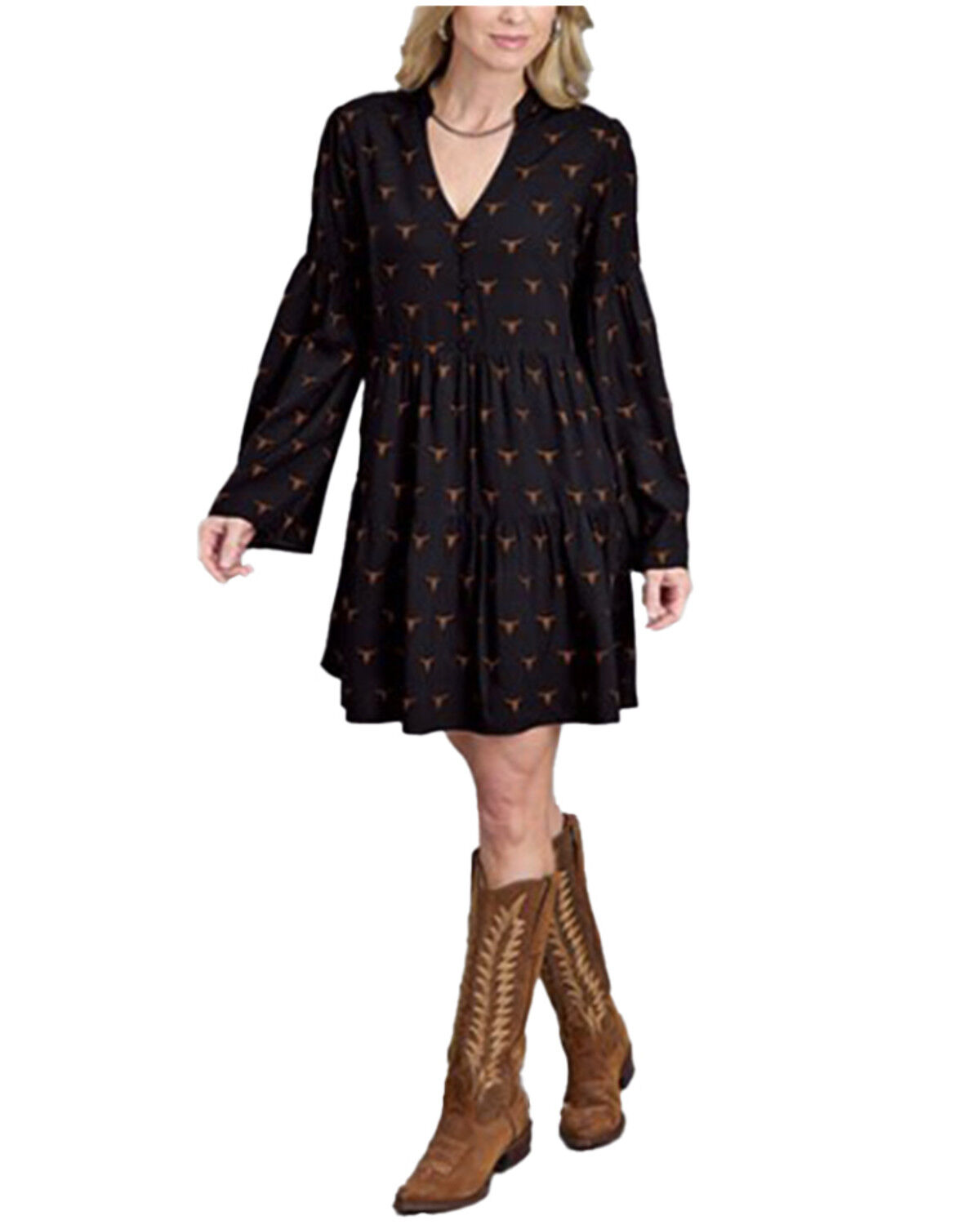 Stetson Women's Steer Head Print Long Sleeve Midi Dress