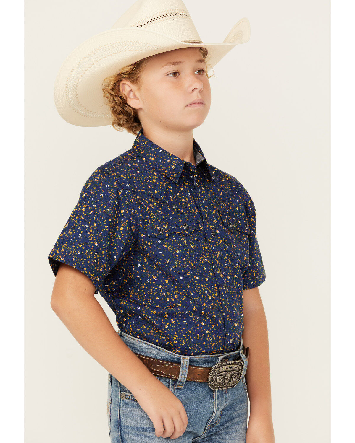 Cody James Boys' Meadowlark Floral Print Short Sleeve Snap Western Shirt
