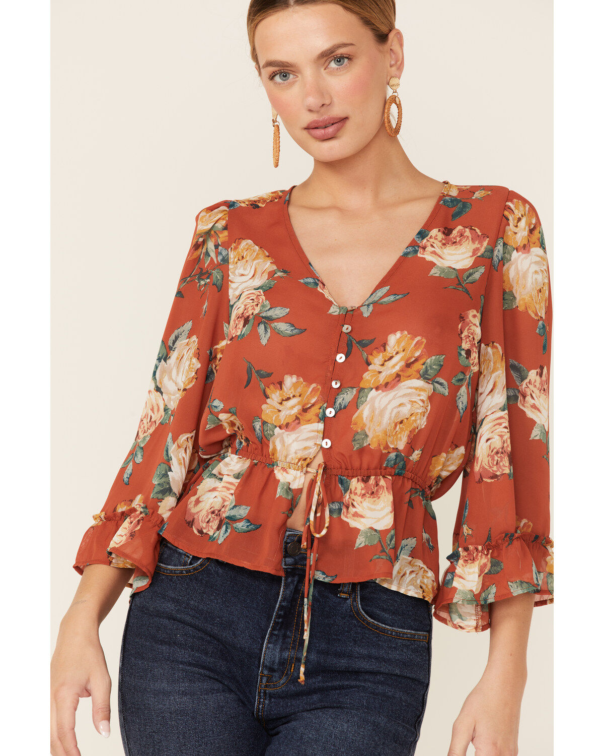 Wild Moss Women's Rust Floral Chiffon Bell Sleeve Blouse