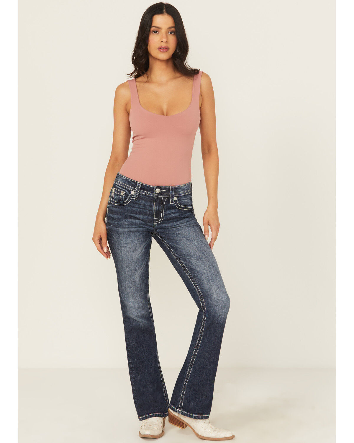 Miss Me Women's Dark Wash Mid Rise Bootcut Stretch Denim Jeans