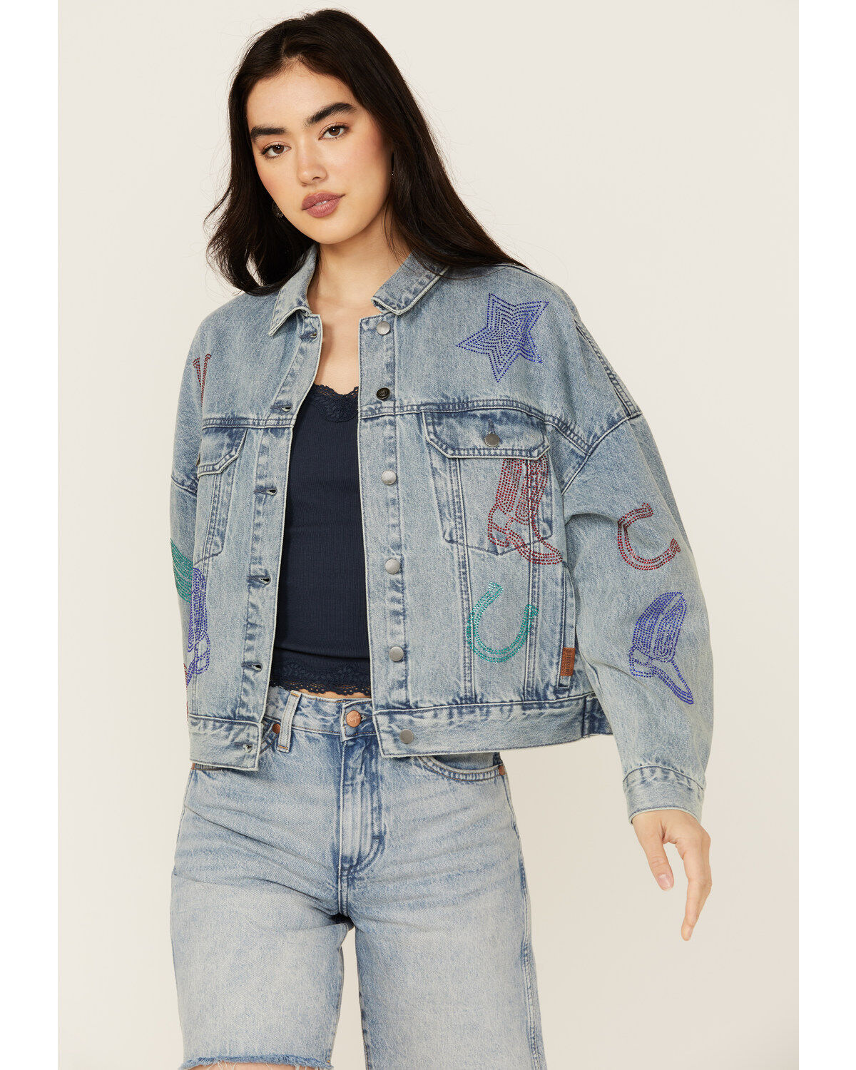 Rock & Roll Denim Women's Light Wash Rhinestone Embellished Denim Jacket