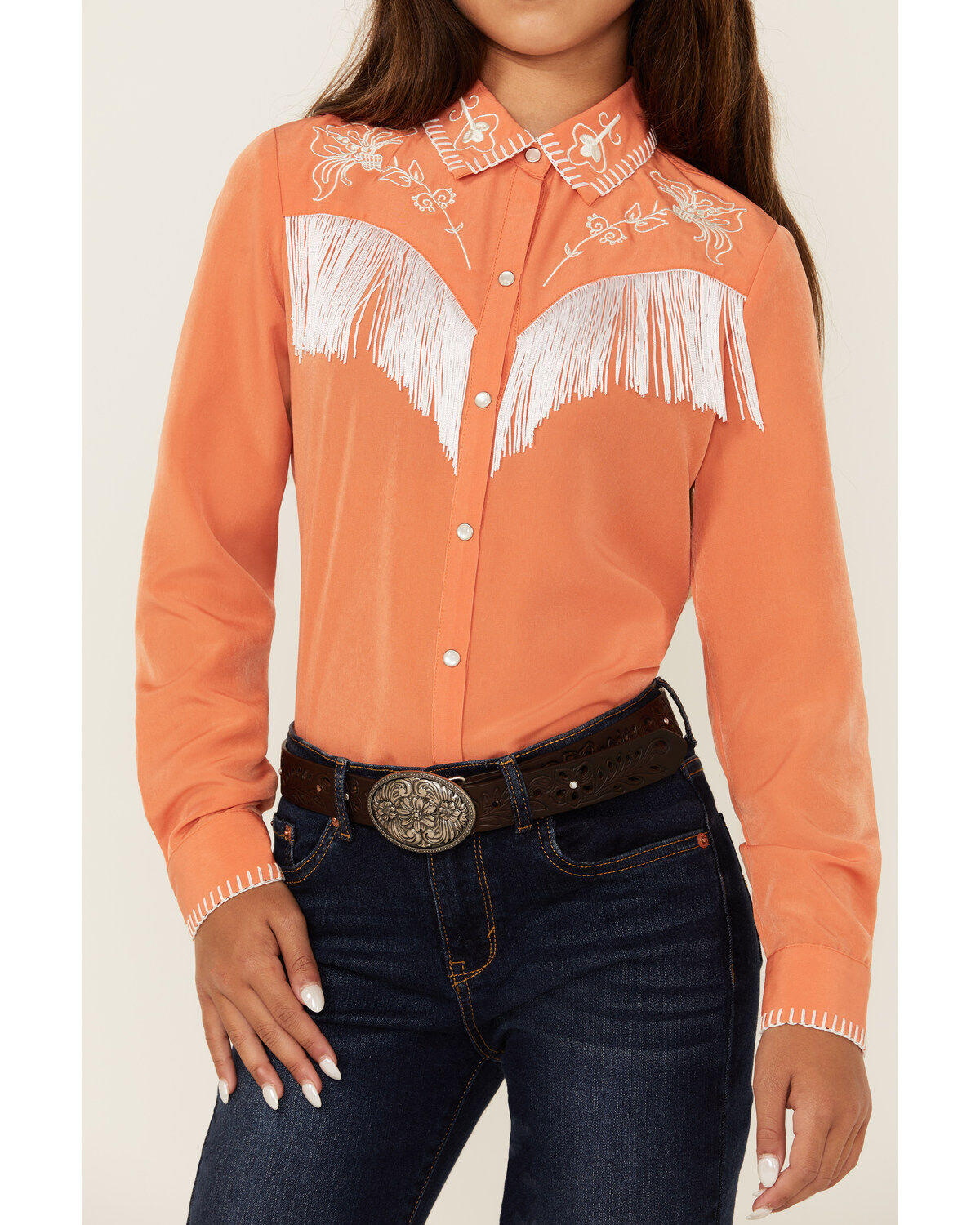 Rock & Roll Denim Girls' Fringe Long Sleeve Pearl Snap Western Shirt