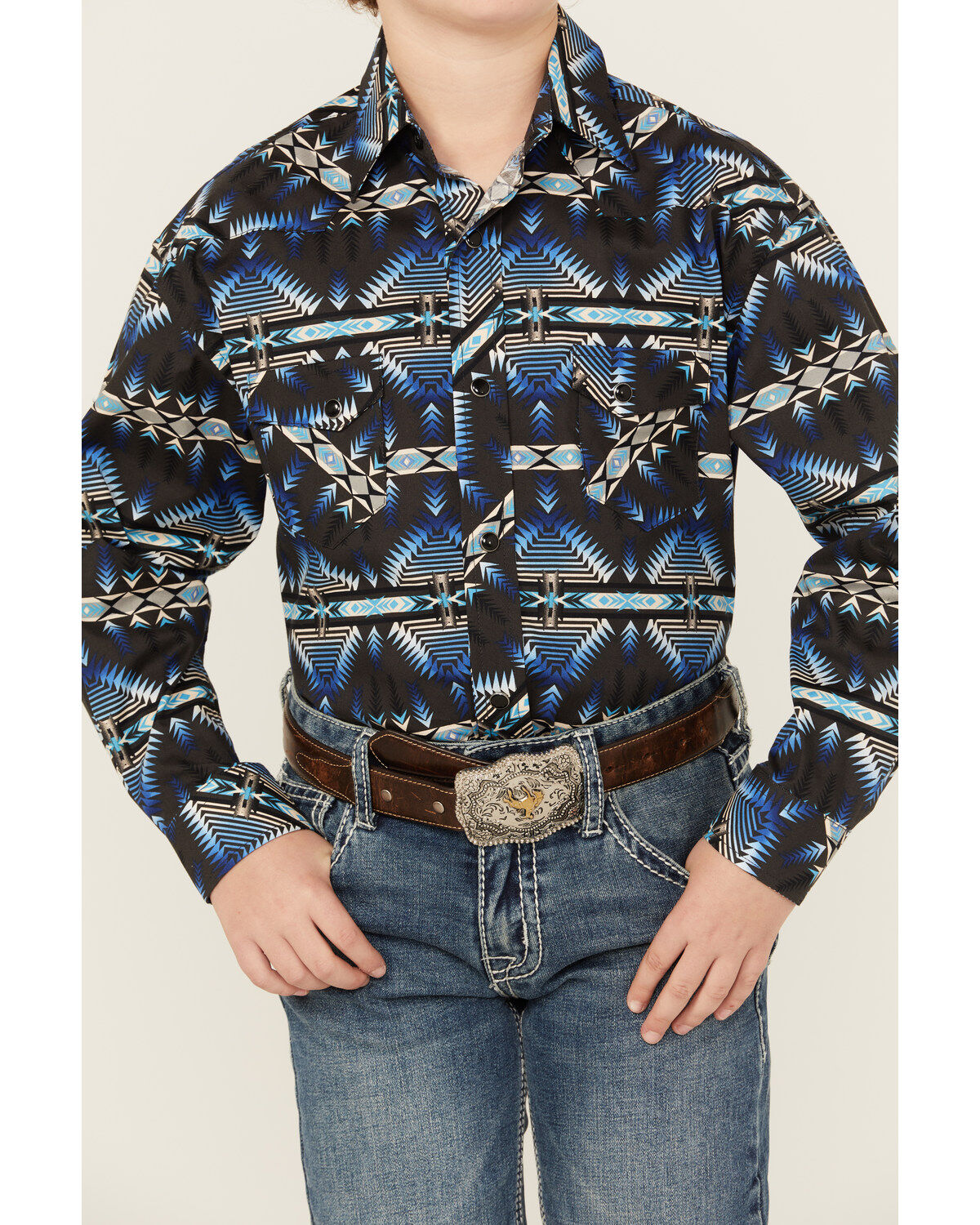 Rock & Roll Denim Boys' Southwestern Print Long Sleeve Stretch Snap Western Shirt