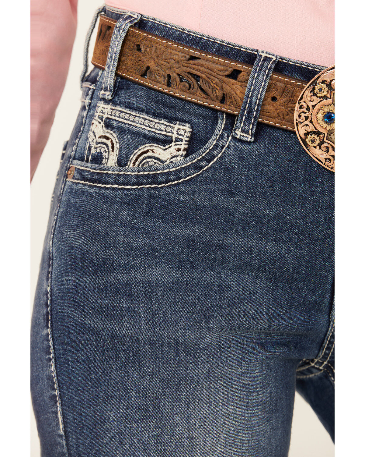 Rock & Roll Denim Women's Medium Wash Mid Rise Cowhide Pocket Bootcut Stretch Denim Jeans