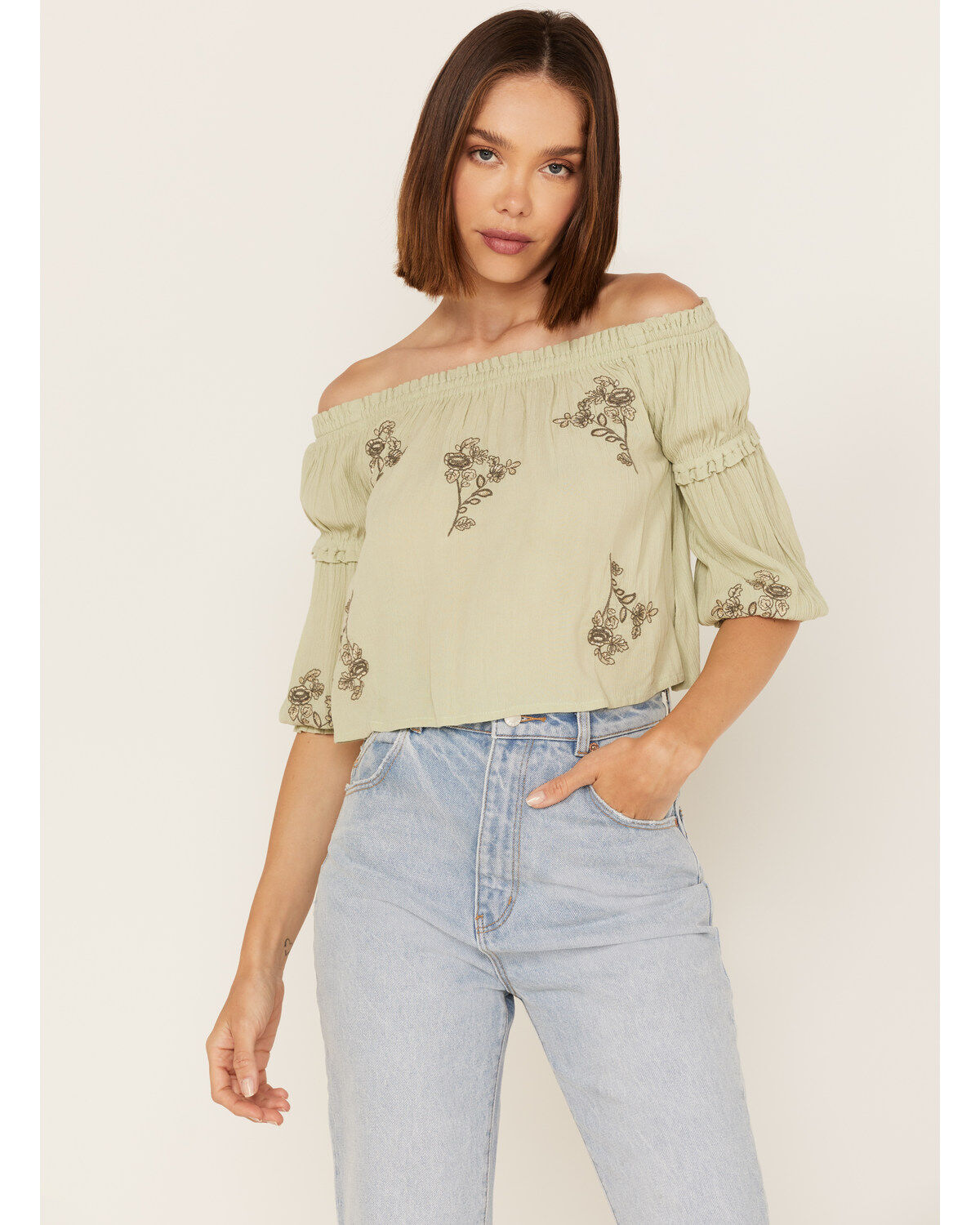 Shyanne Women's Floral Embroidered Off Shoulder Crop Top