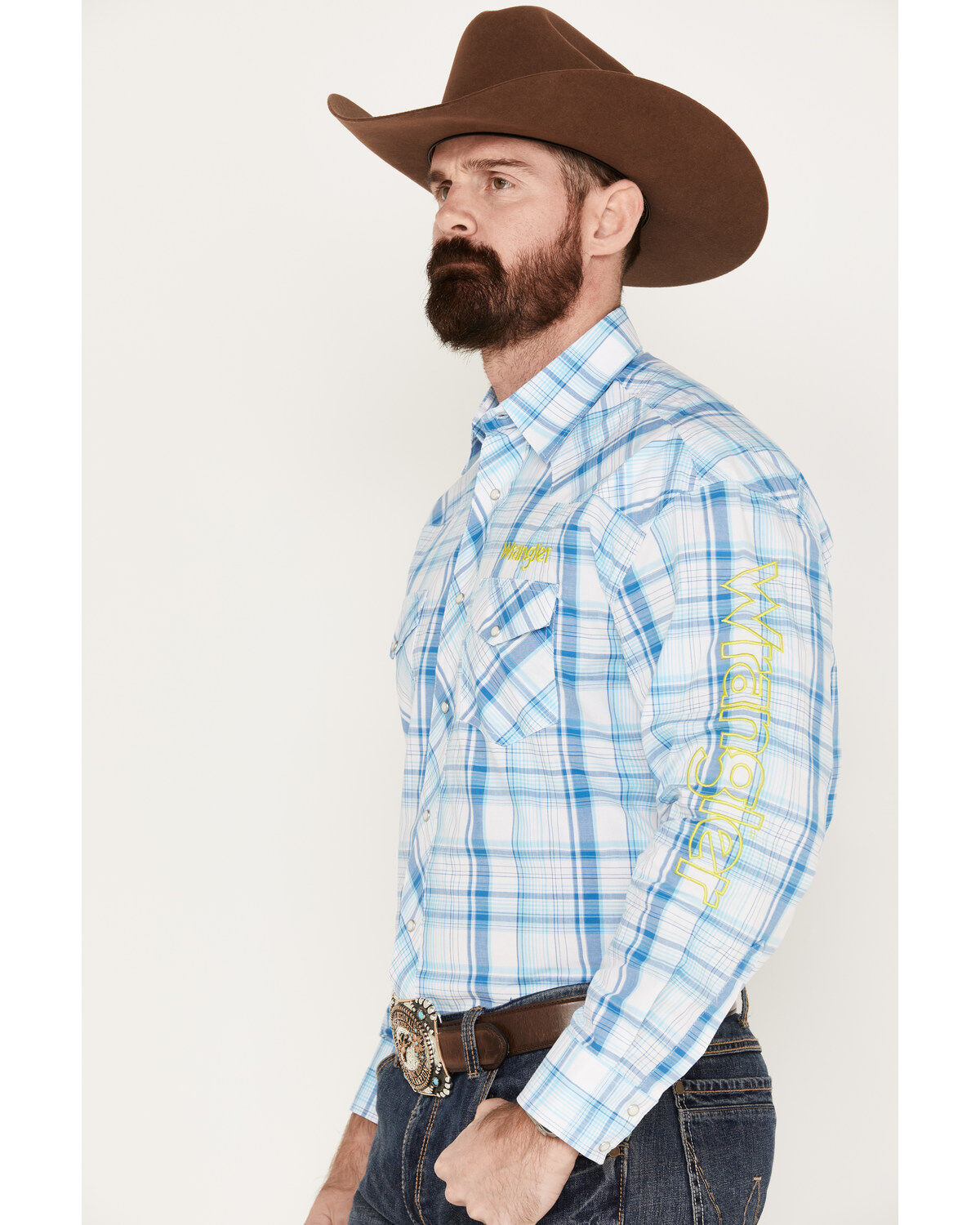 Wrangler Men's Logo Plaid Print Long Sleeve Western Snap Shirt