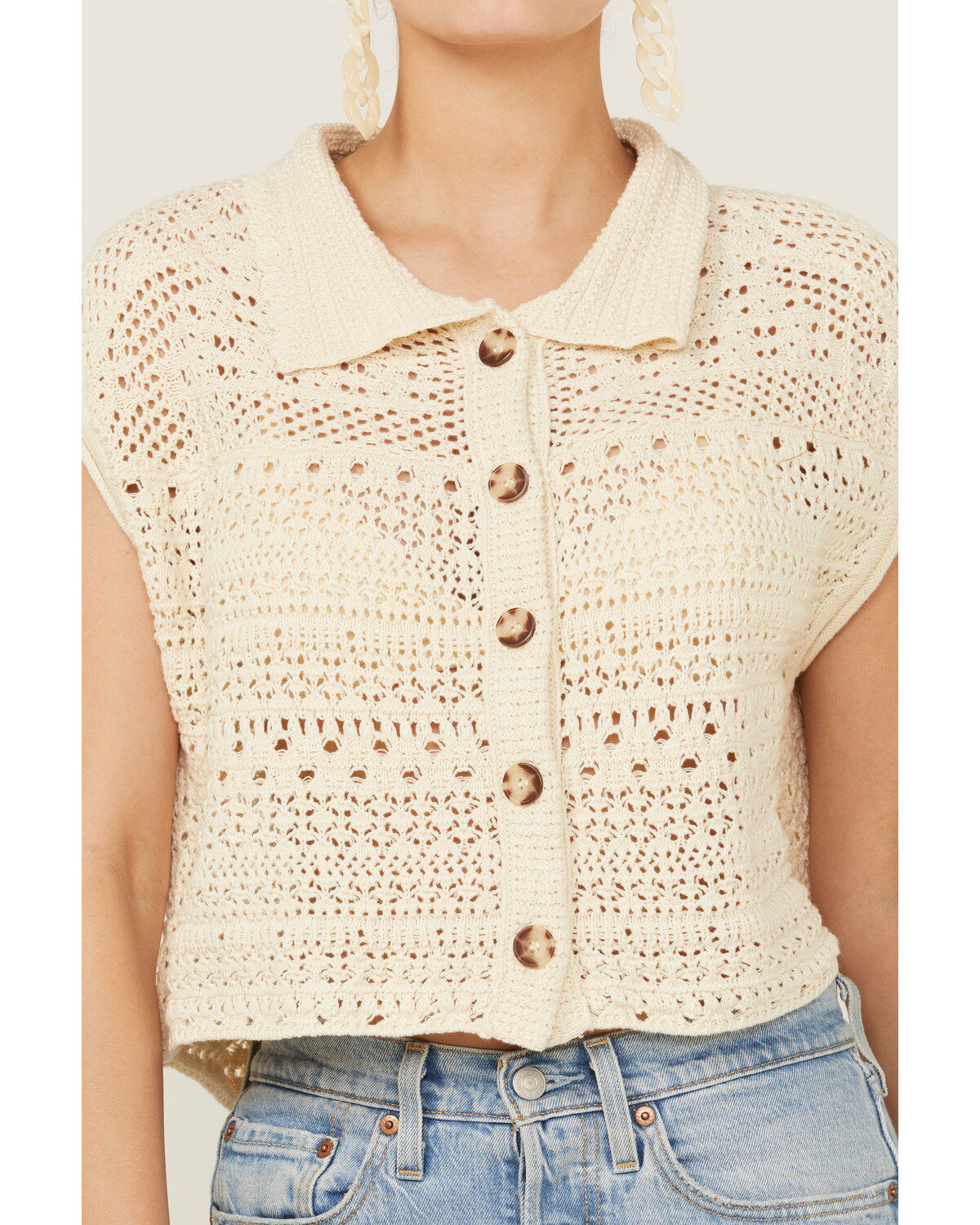 Beyond The Radar Women's Cream Crochet Sleeveless Sweater Top