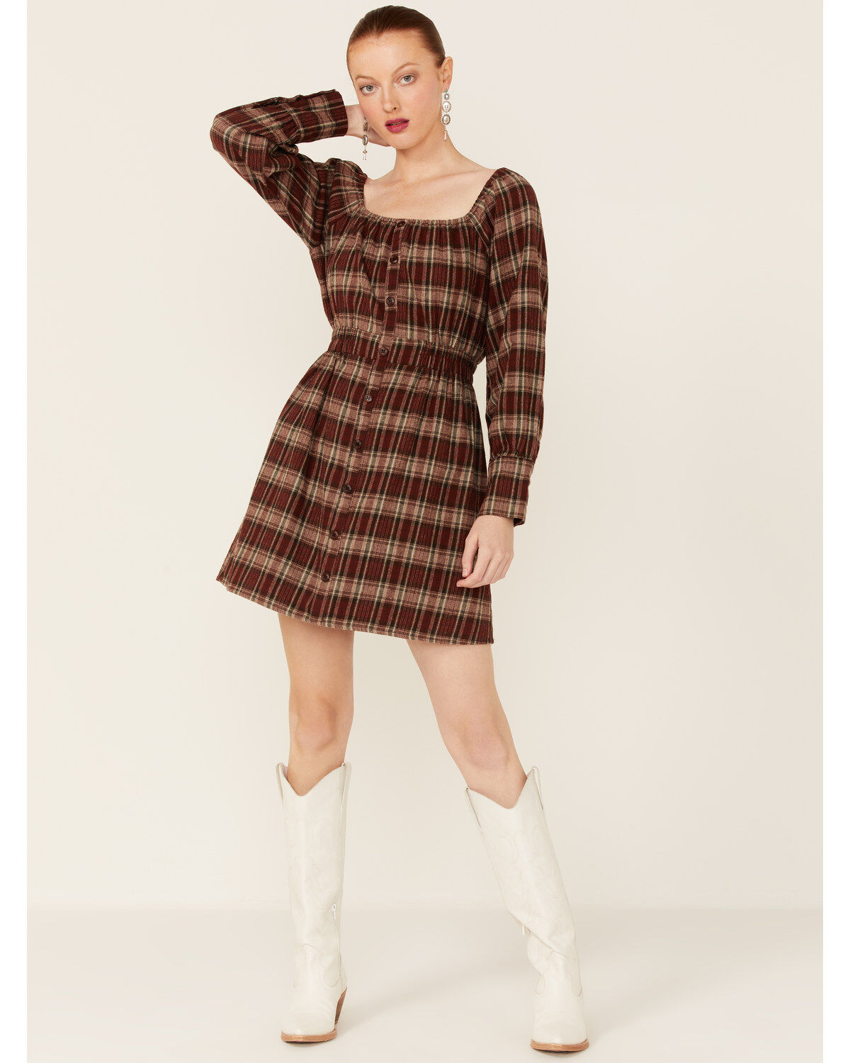 Paper Crane Women's Long Sleeve Plaid Mini Dress