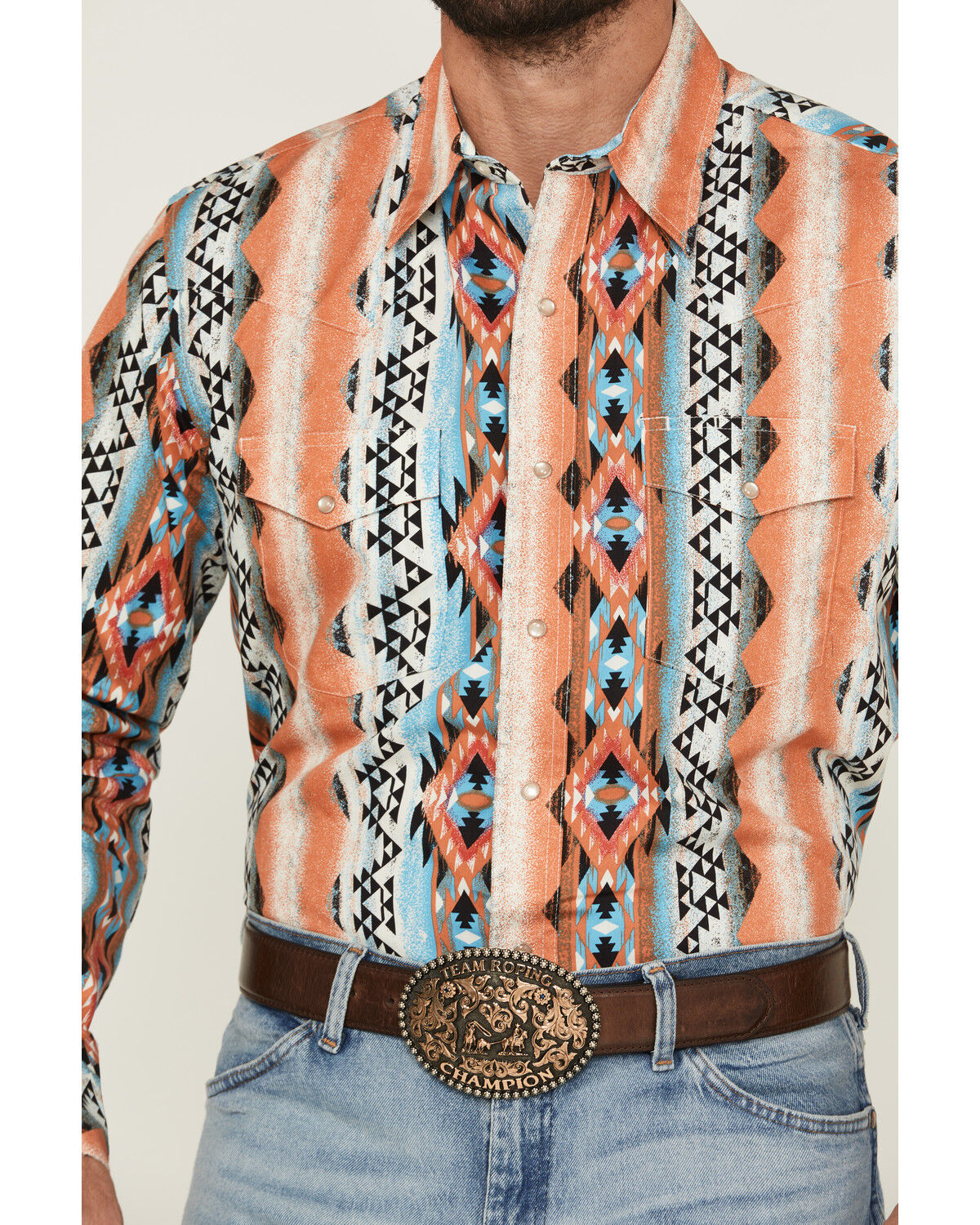 Wrangler Men's Checotah Southwestern Striped Long Sleeve Pearl Snap Western Shirt