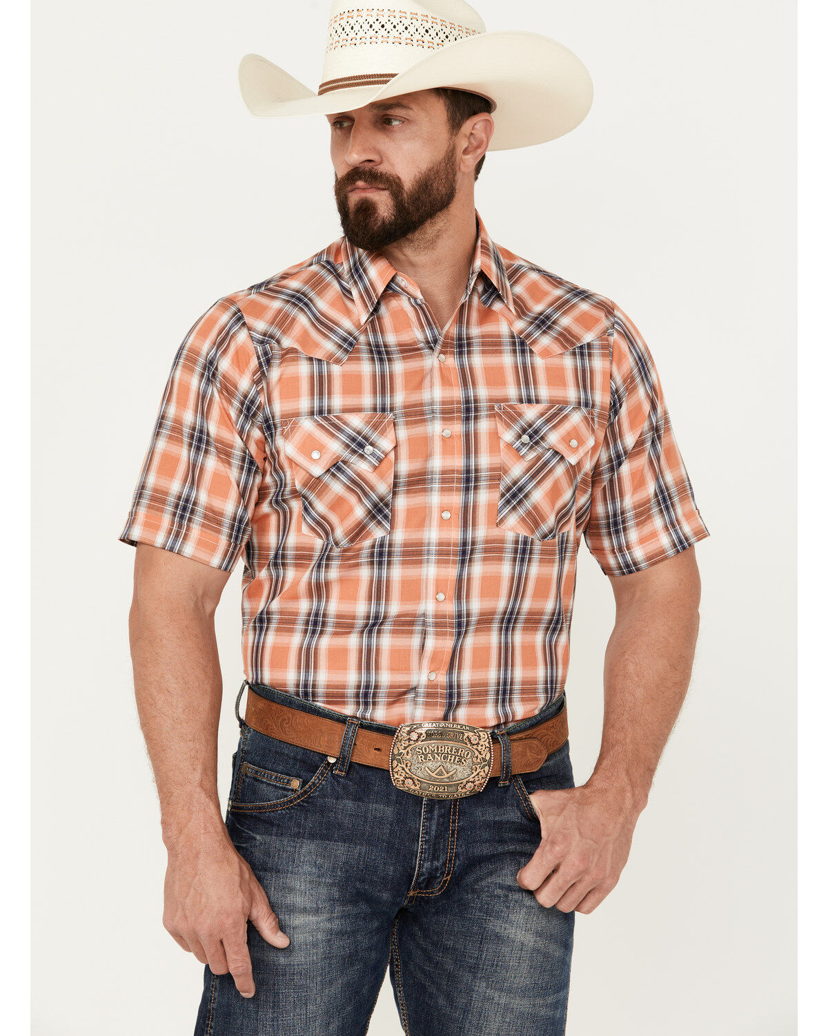 Ely Walker Men's Plaid Print Short Sleeve Pearl Snap Western Shirt