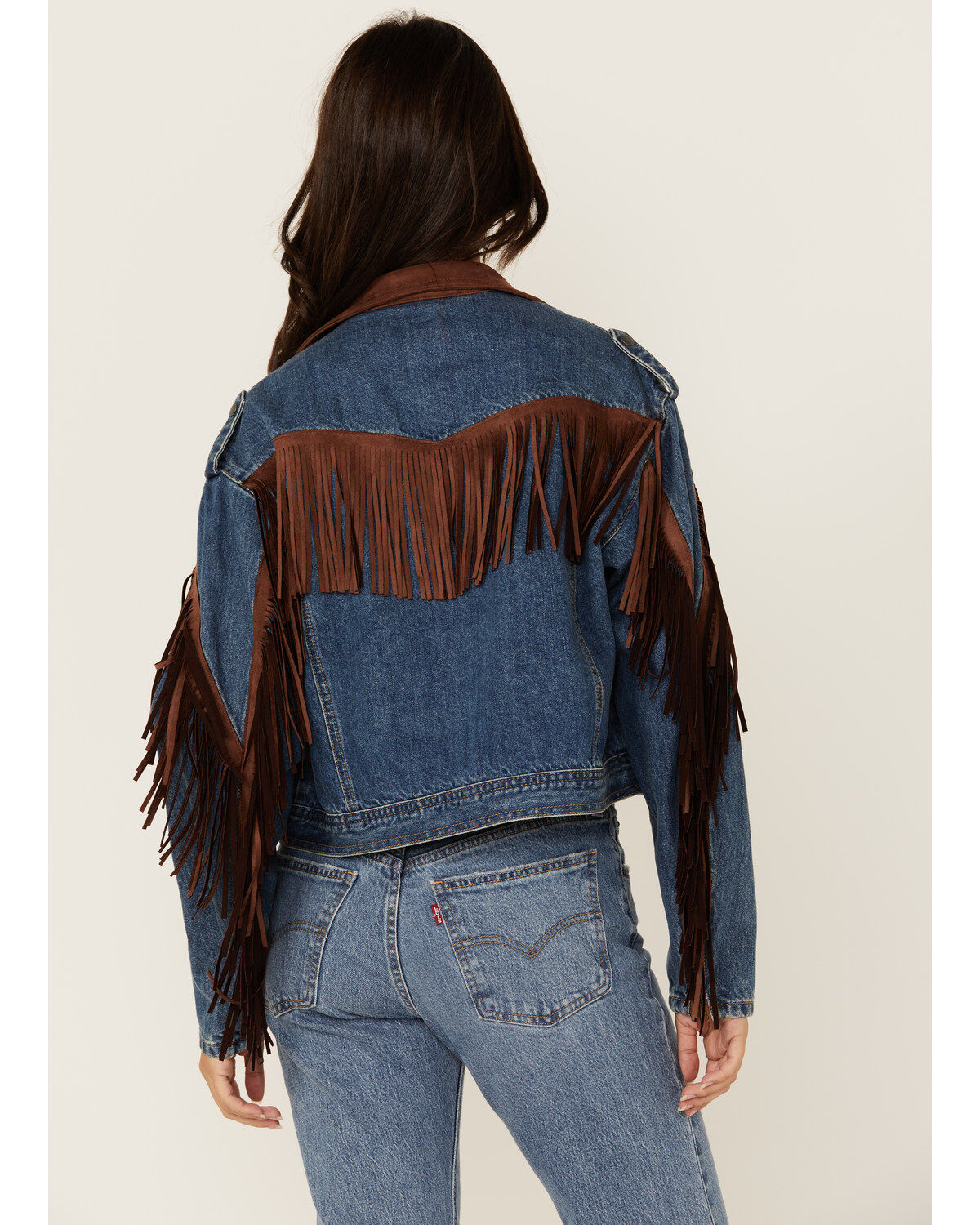 Rock & Roll Denim Women's Medium Wash Faux Suede Fringe Denim Jacket