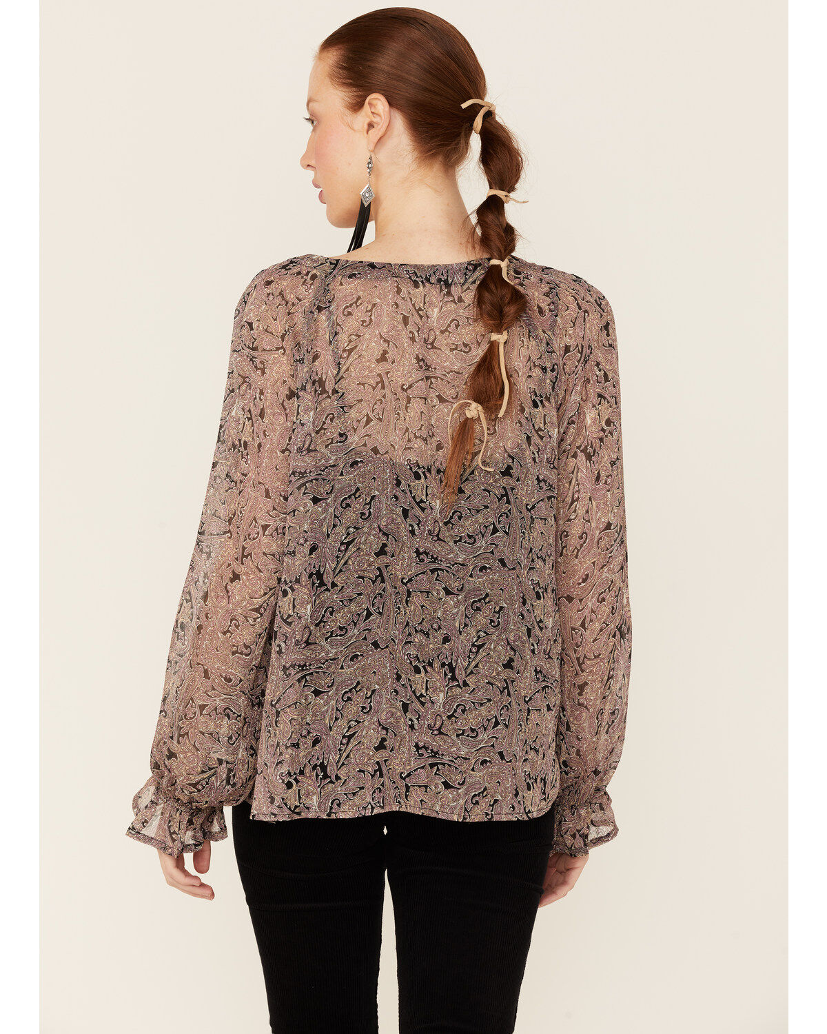 Lovestitch Women's Black Orchid Long Sleeve Lace Trim Peasant Blouse