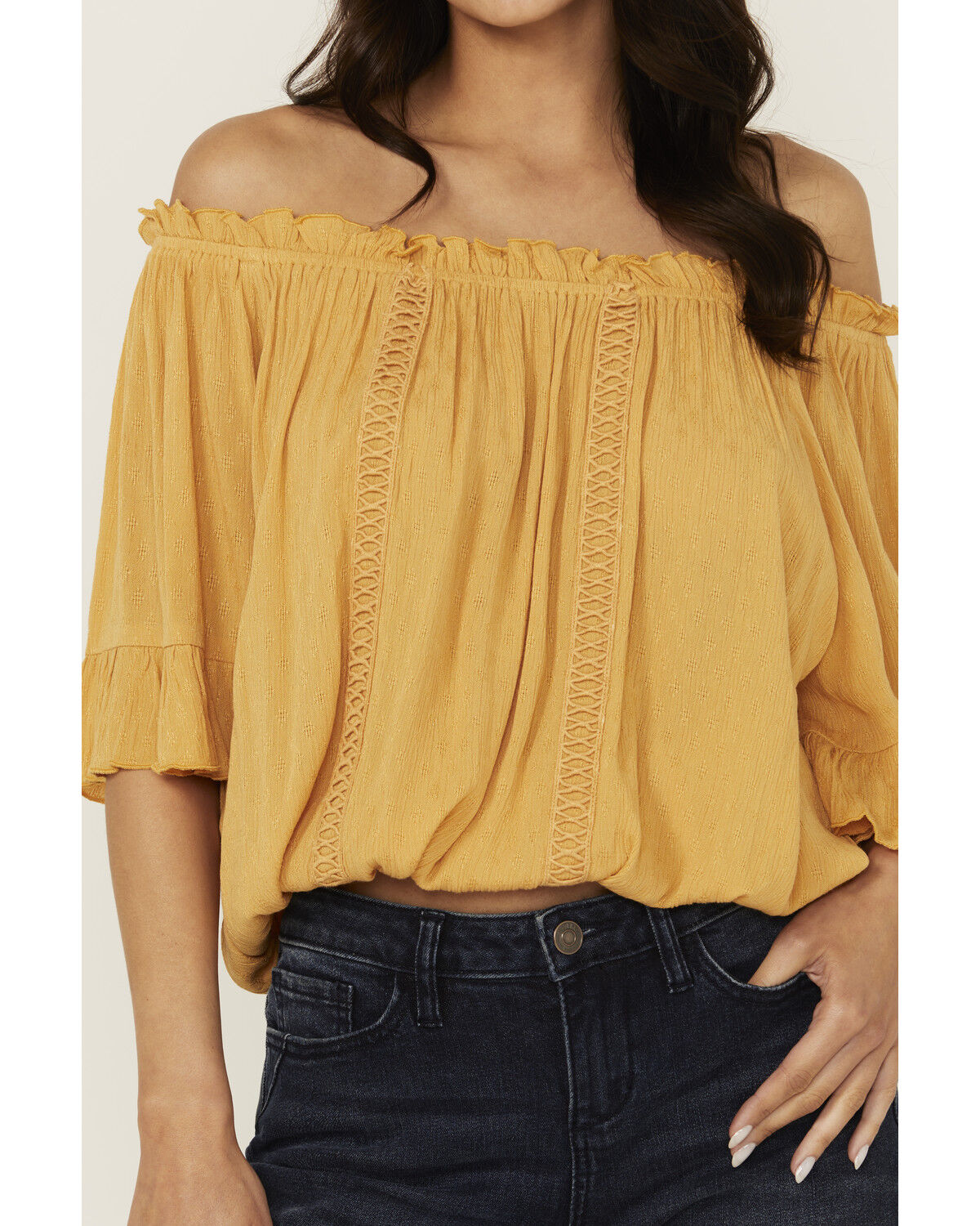 Band Of The Free Women's Solid Short Sleeve Off The Shoulder Blouse