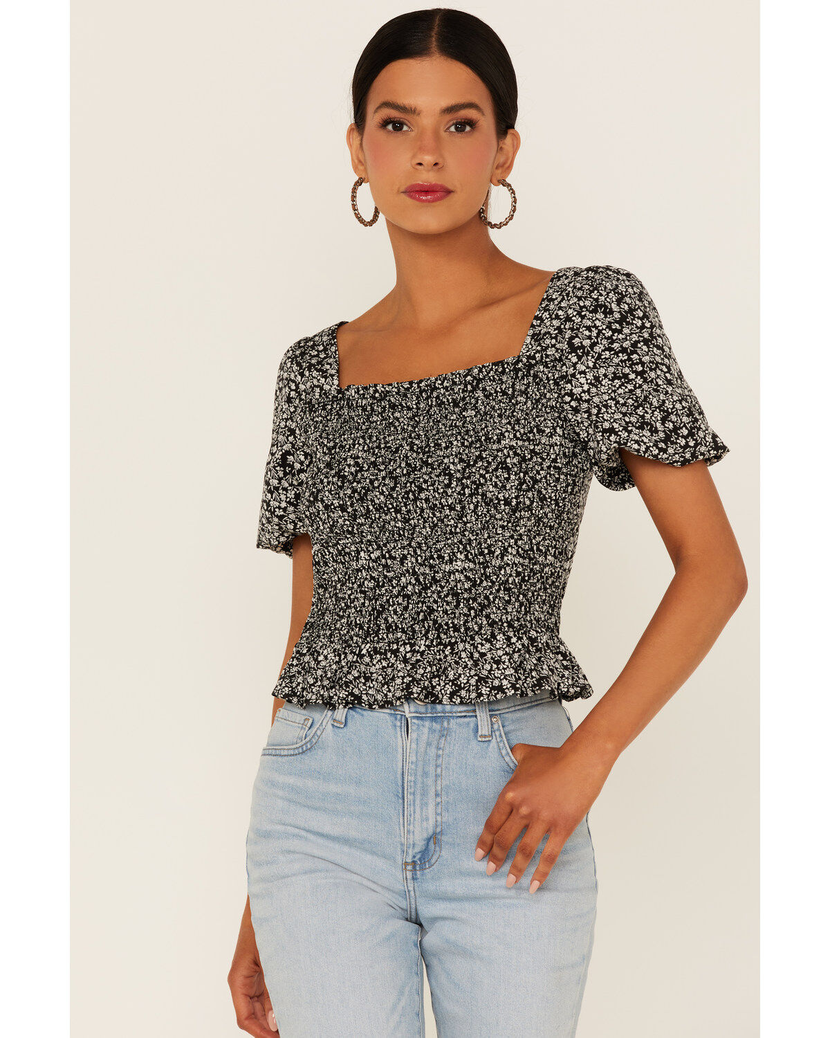 Beyond The Radar Women's Ditsy Floral Print Smocked Shirt