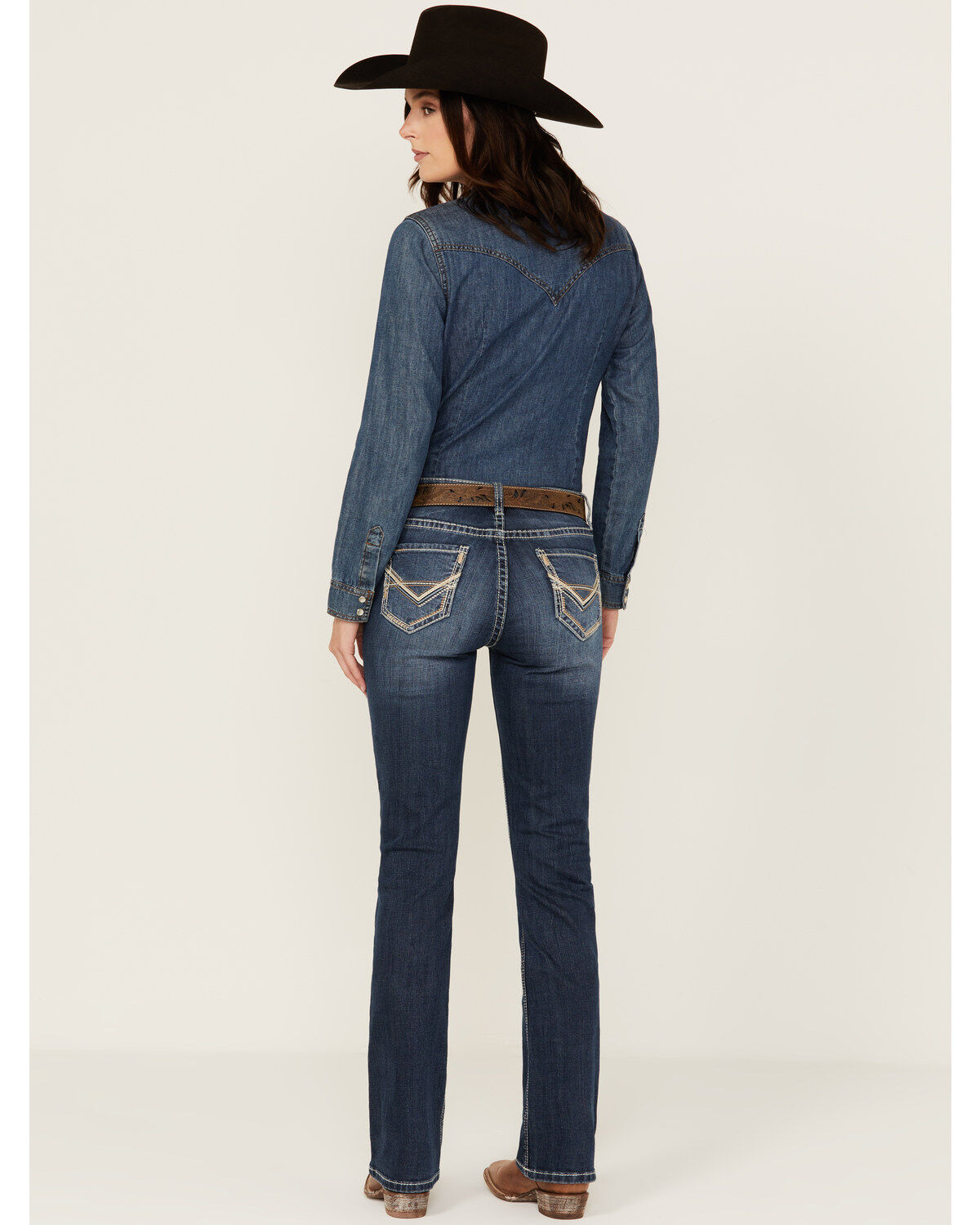 Rock & Roll Denim Women's Medium Wash Mid Rise Pleather Embroidered Pocket Bootcut Stretch Denim Jeans