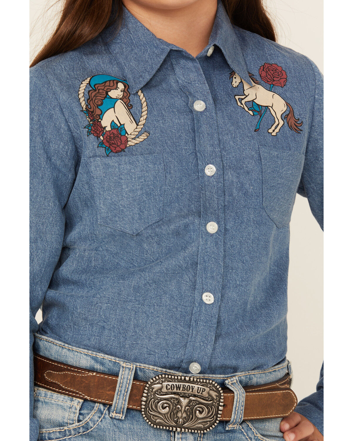 Roper Girls' Western Long Sleeve Button-Down Denim Shirt