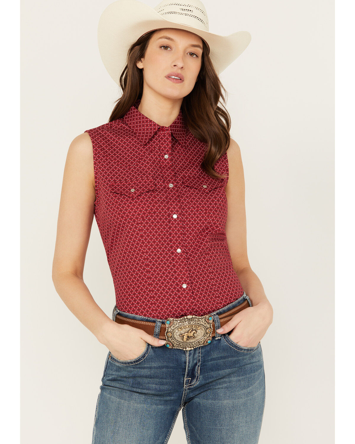 Ely Walker Women's Geo Print Sleeveless Pearl Snap Western Shirt