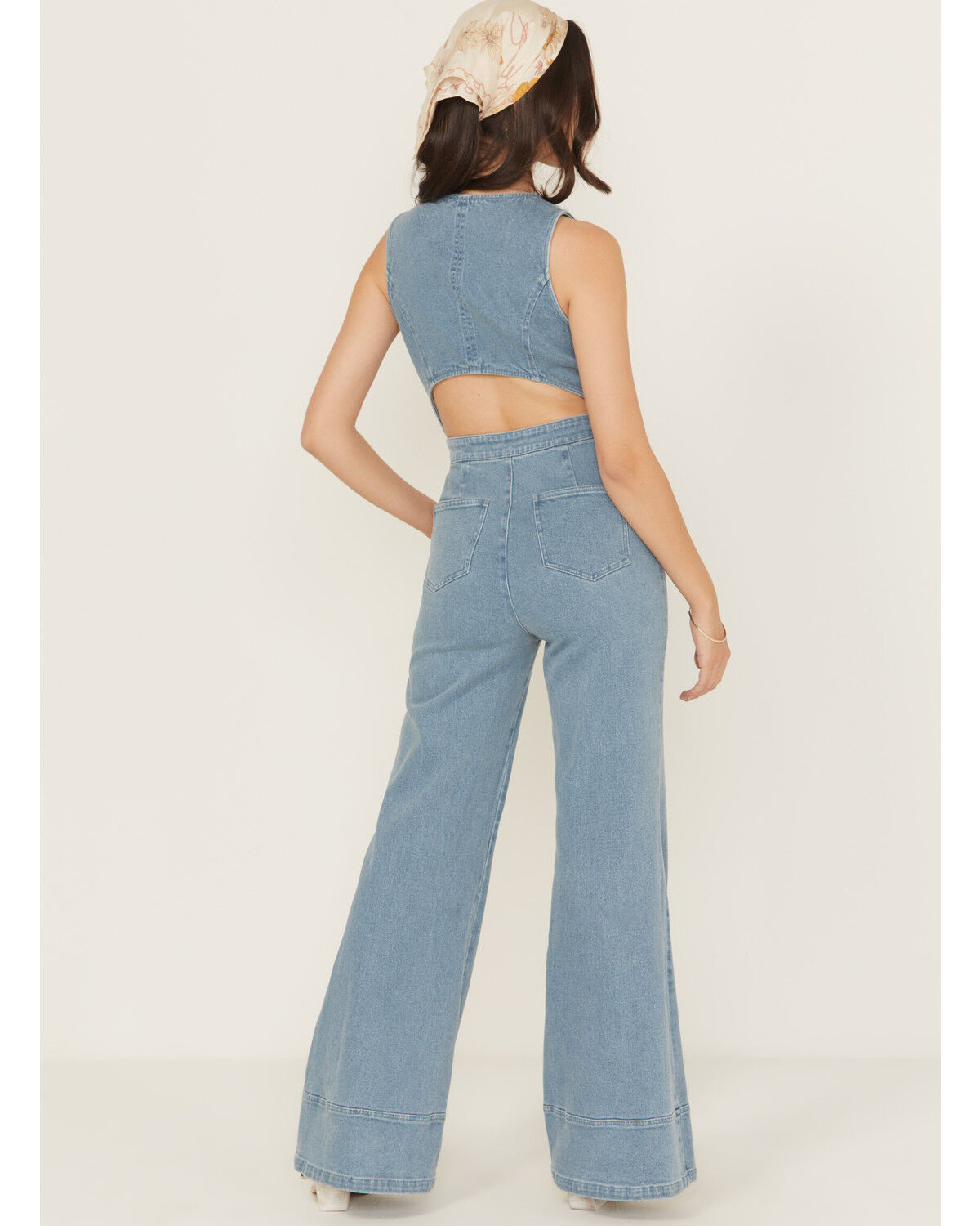 Flying Tomato Women's Light Wash Open Back Denim Jumpsuit