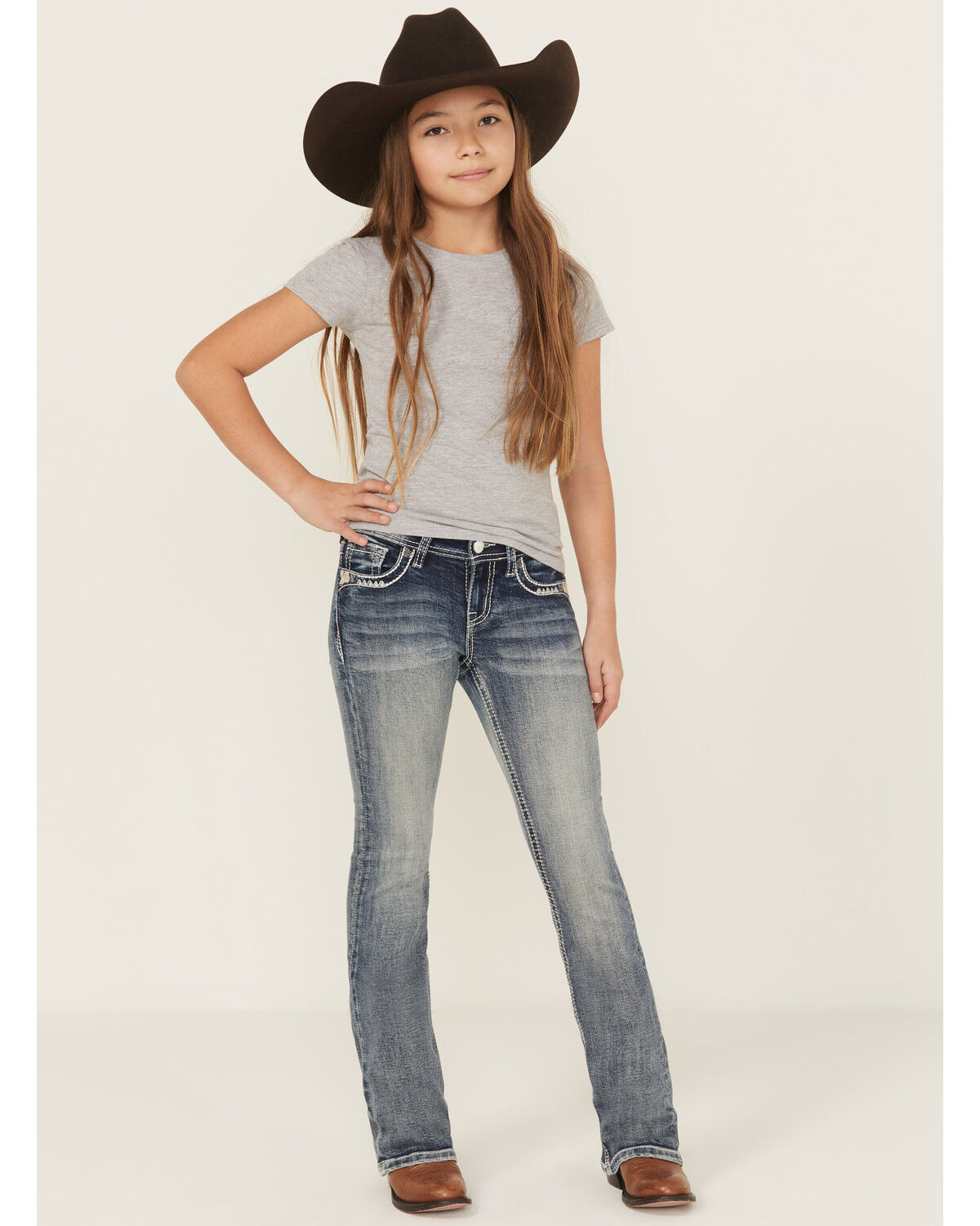 Grace In LA Girls' Chevron Cactus Embroidered Bootcut Stretch Denim Jeans