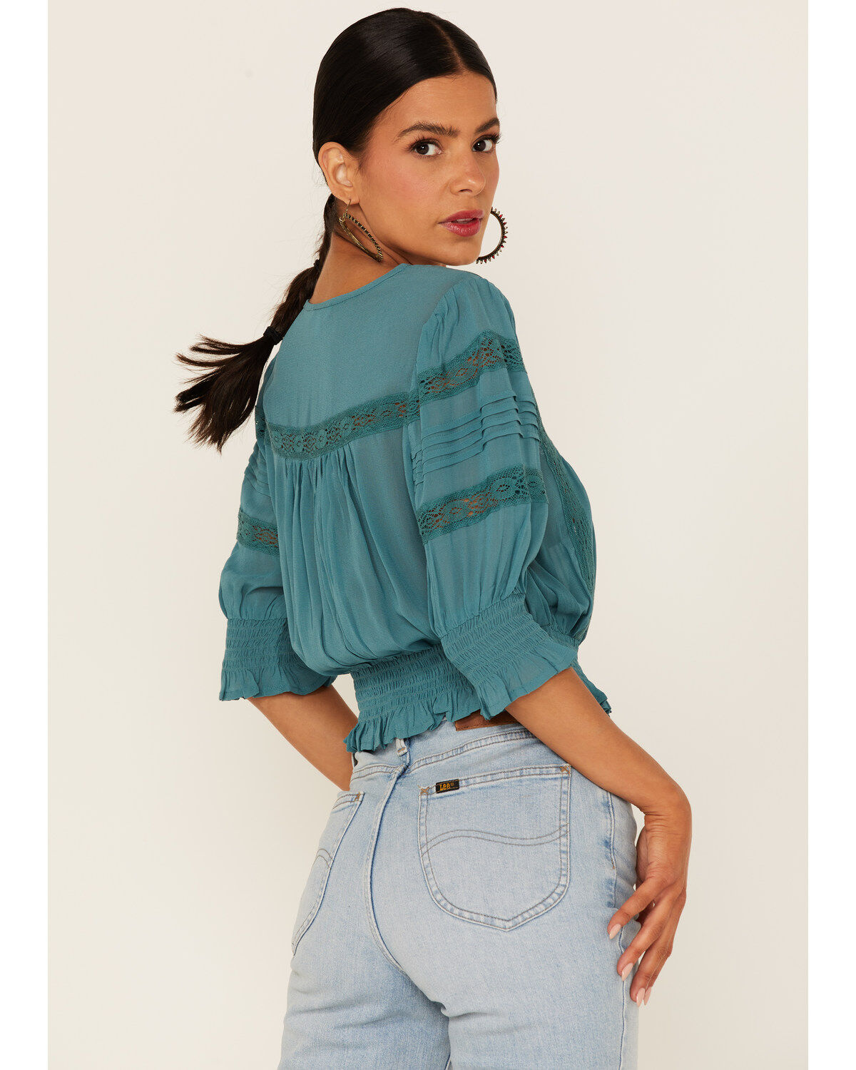 Patrons of Peace Women's Woven Lace Smocked Bottom Blouse