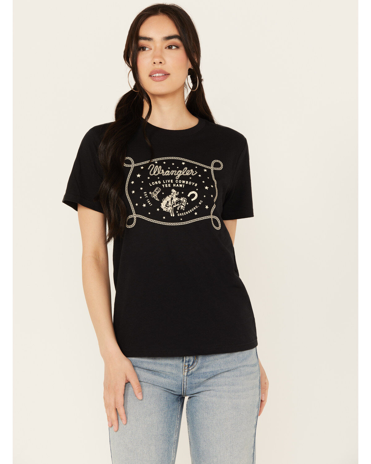 Wrangler Women's Long Live Cowboys Rope Short Sleeve Graphic Tee