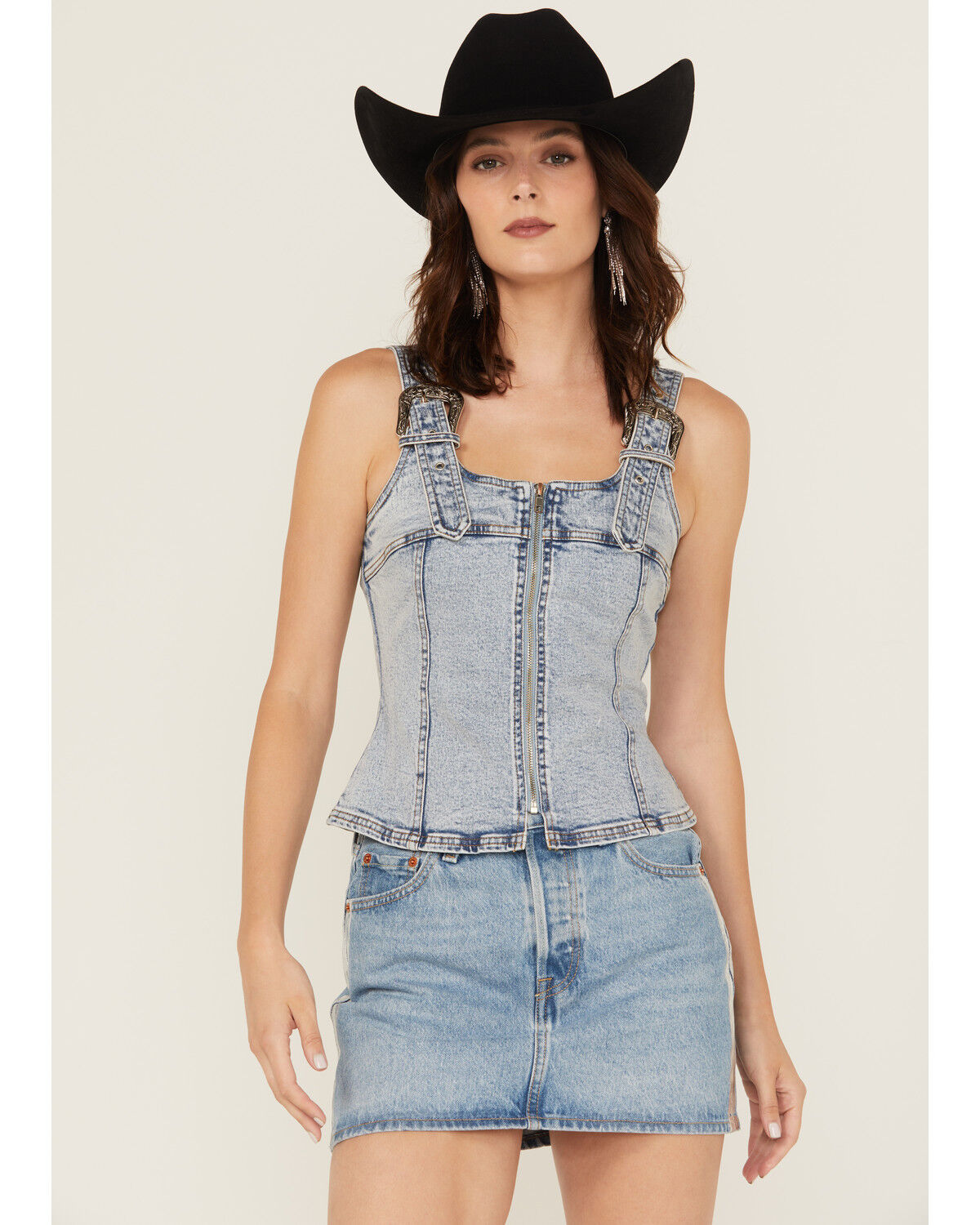 Blue B Women's Sleeveless Buckle Strap Denim Top