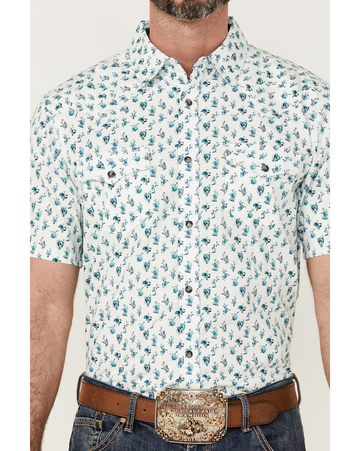 Moonshine Spirit Men's Blue Agave Floral Print Short Sleeve Snap Western Shirt