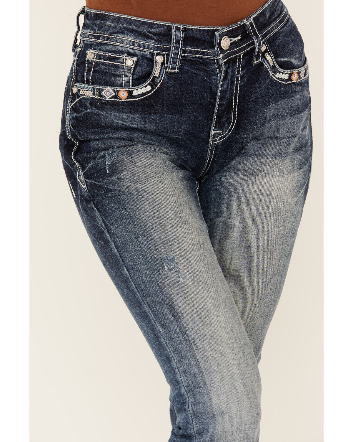 Grace In LA Women's Medium Wash Geo Print Embroidered Mid Rise Bootcut Stretch Denim Jeans