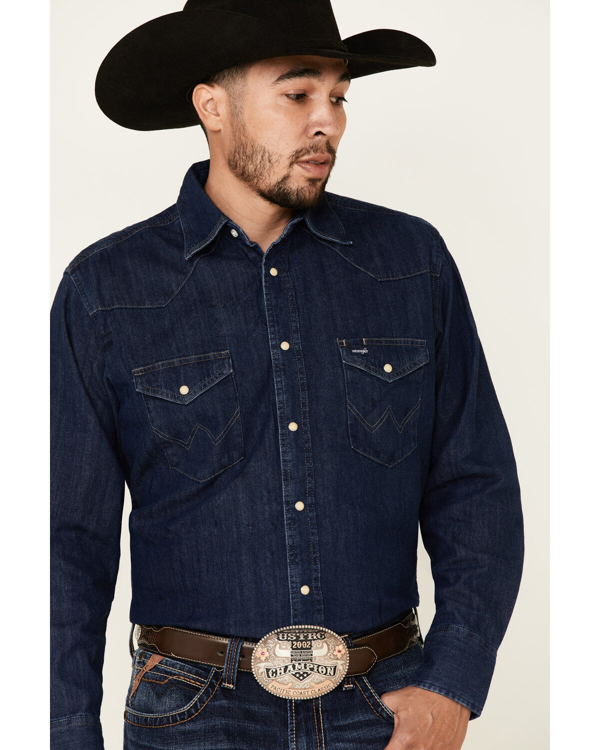 Wrangler Men's Dark Denim Solid Long Sleeve Snap Western Shirt