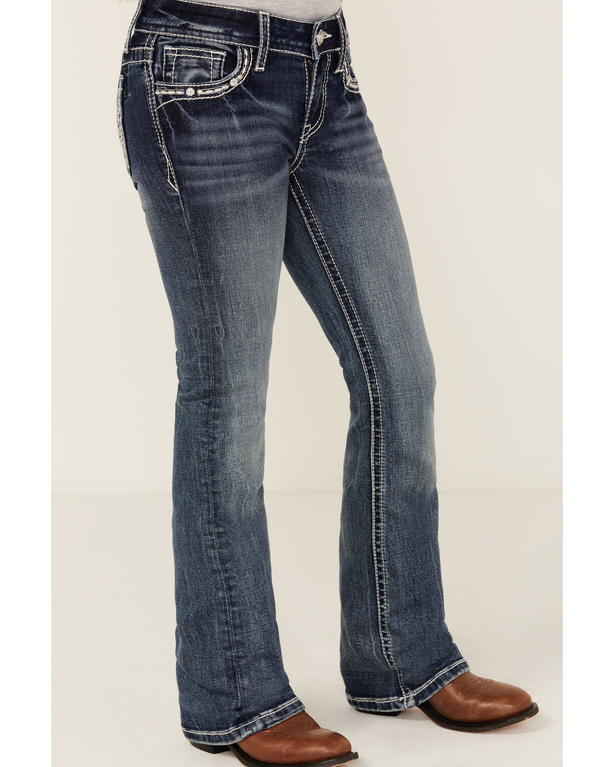 Grace in LA Girls' Medium Wash Horseshoe Pocket Bootcut Stretch Denim Jeans