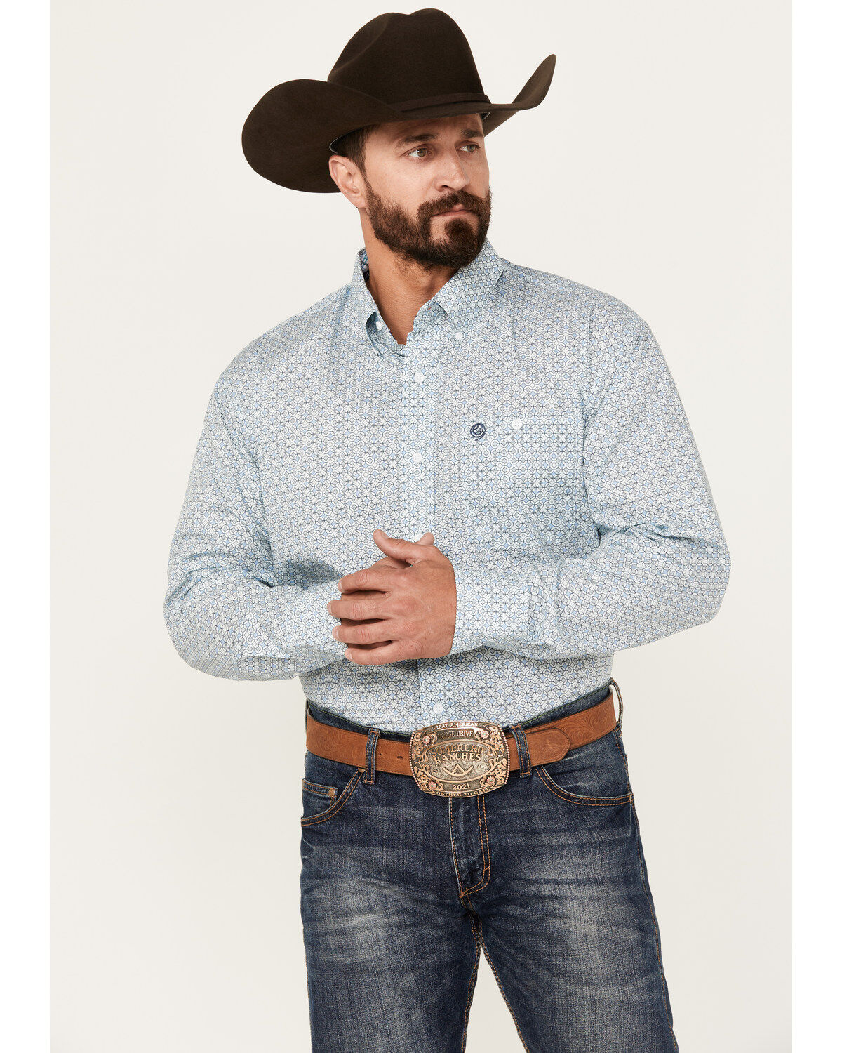 George Strait by Wrangler Men's Geo Print Long Sleeve Button-Down Western Shirt