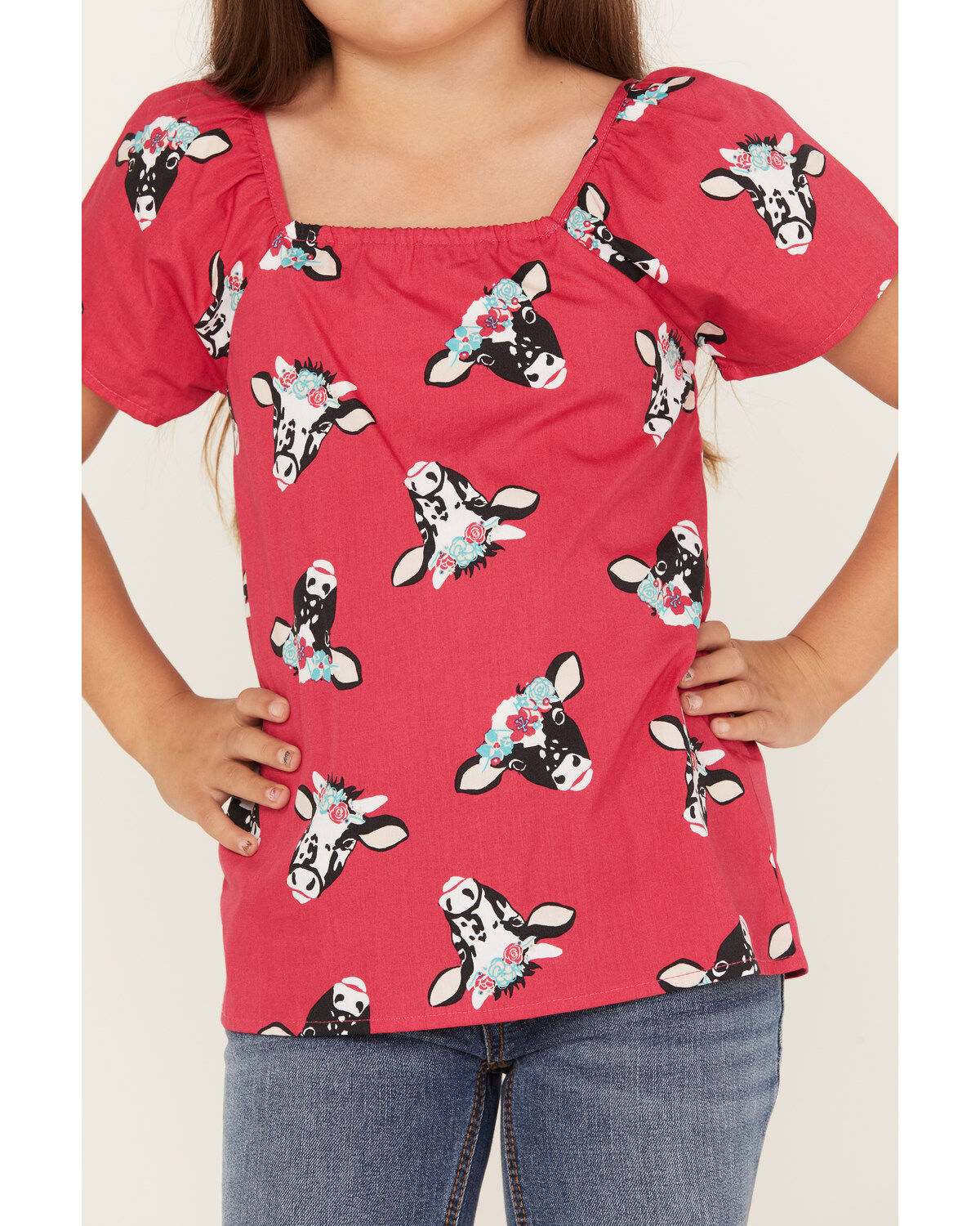 Wrangler Girls' Cow Head Print Puff Sleeve Shirt