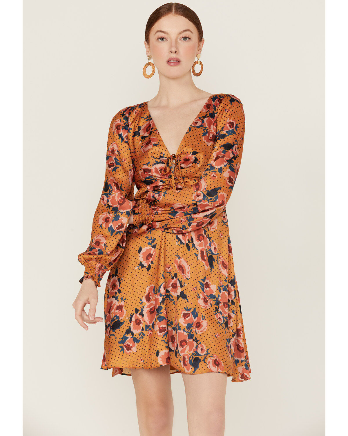Beyond The Radar Women's Floral Dot Satin Long Sleeve Mini Dress
