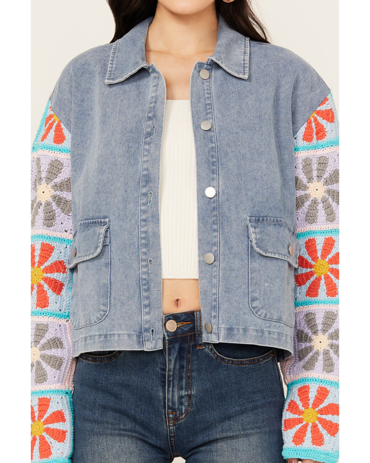 Mystree Women's Crochet Sleeve Medium Wash Denim Jacket