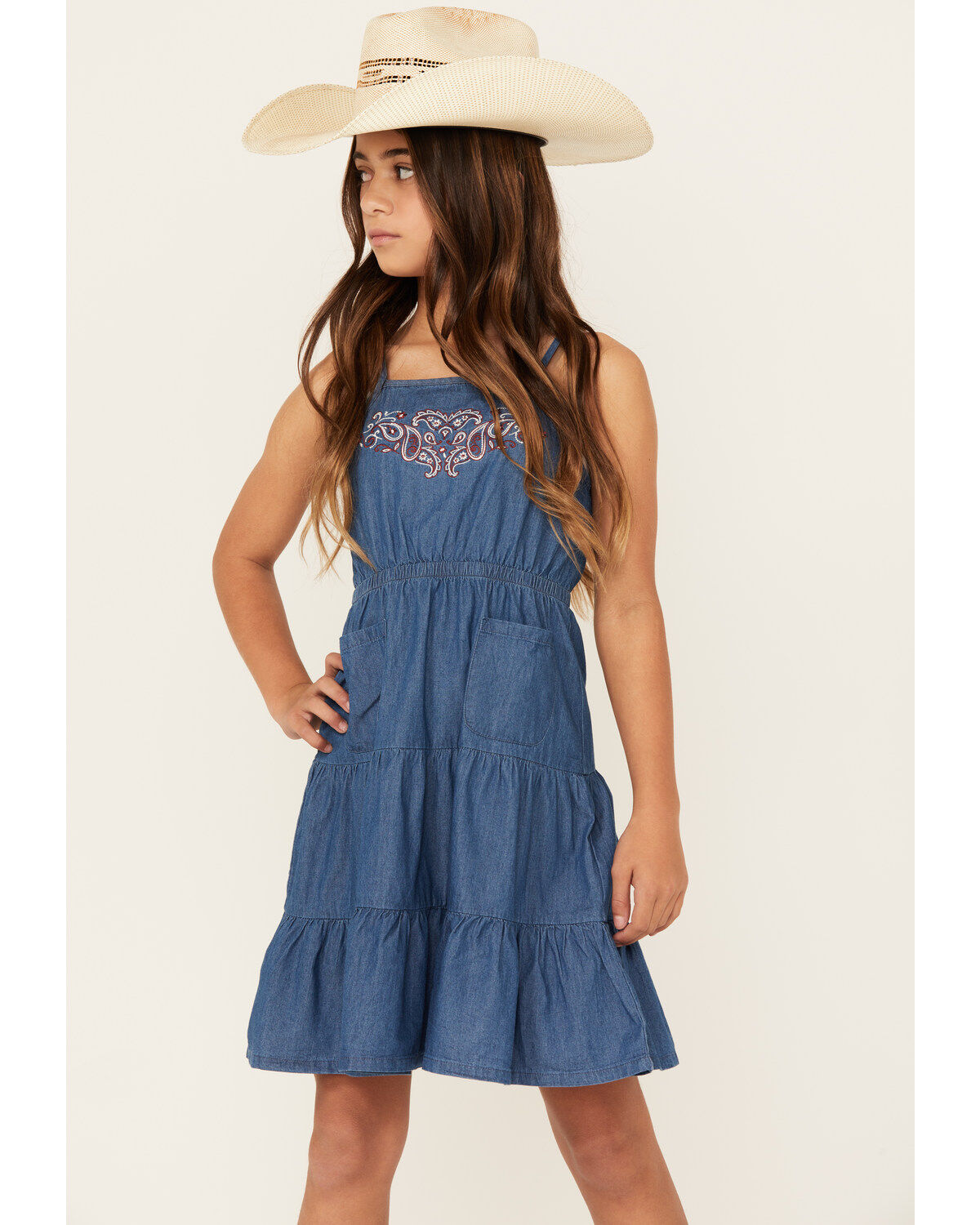 Shyanne Girls' Pinedale Paisley Embroidered Sleeveless Denim Ruffle Mini Dress