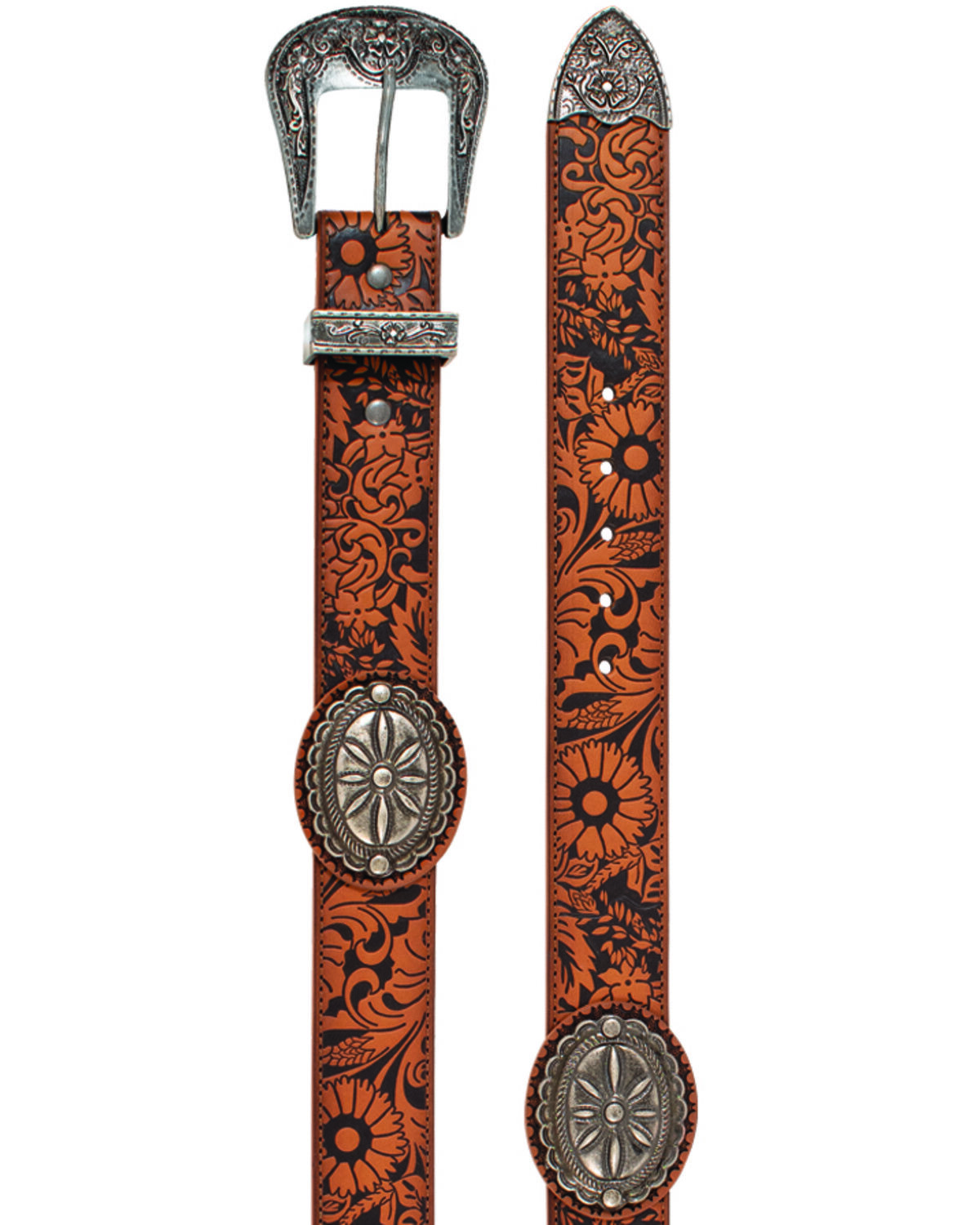 Catchfly Women's Floral Tooled Concho Leather Belt