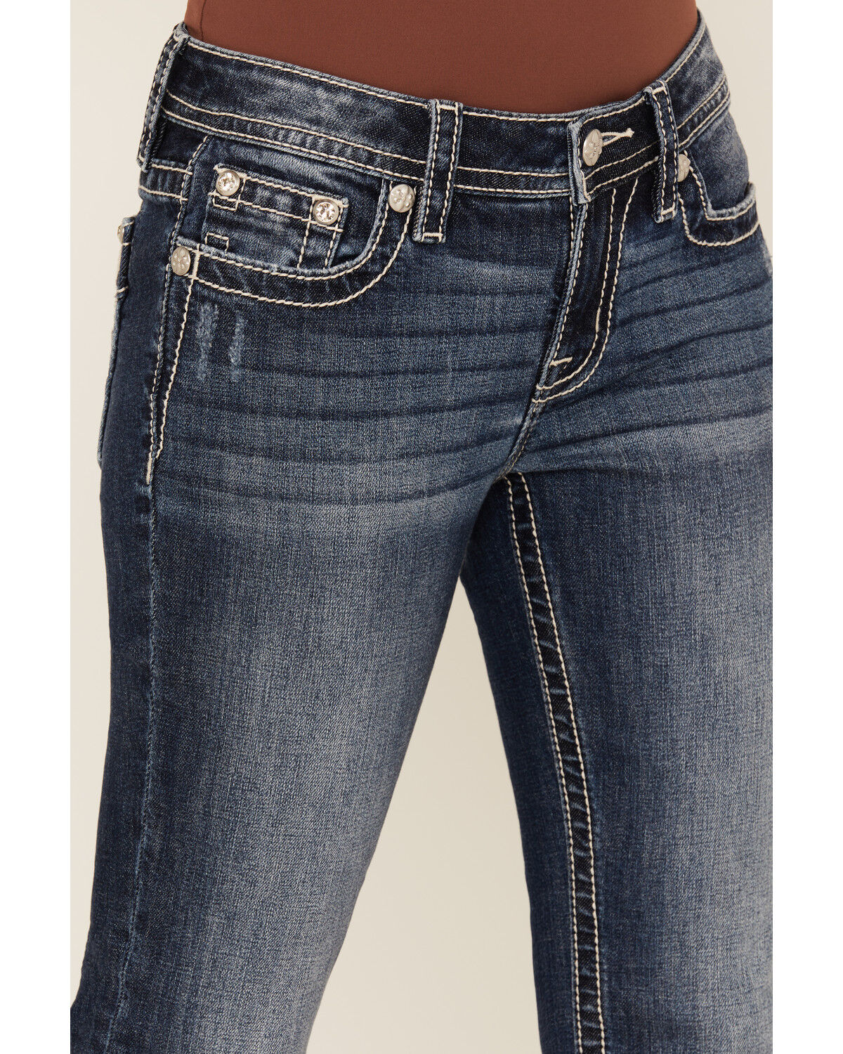 Miss Me Women's Dark Wash Mid Rise Paisley Pocket Bootcut Stretch Denim Jeans