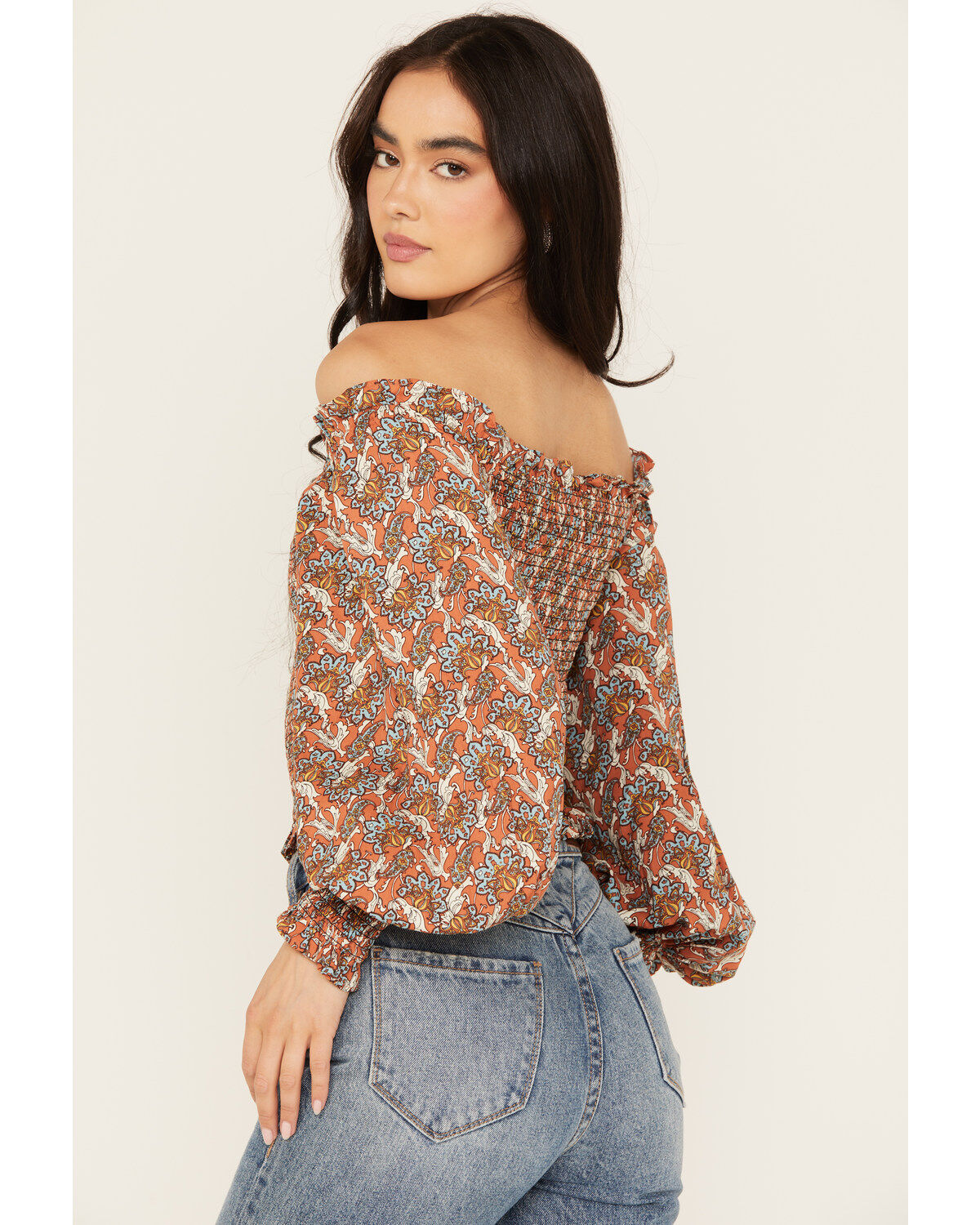 Rock & Roll Denim Women's Smocked Off The Shoulder Long Sleeve Top